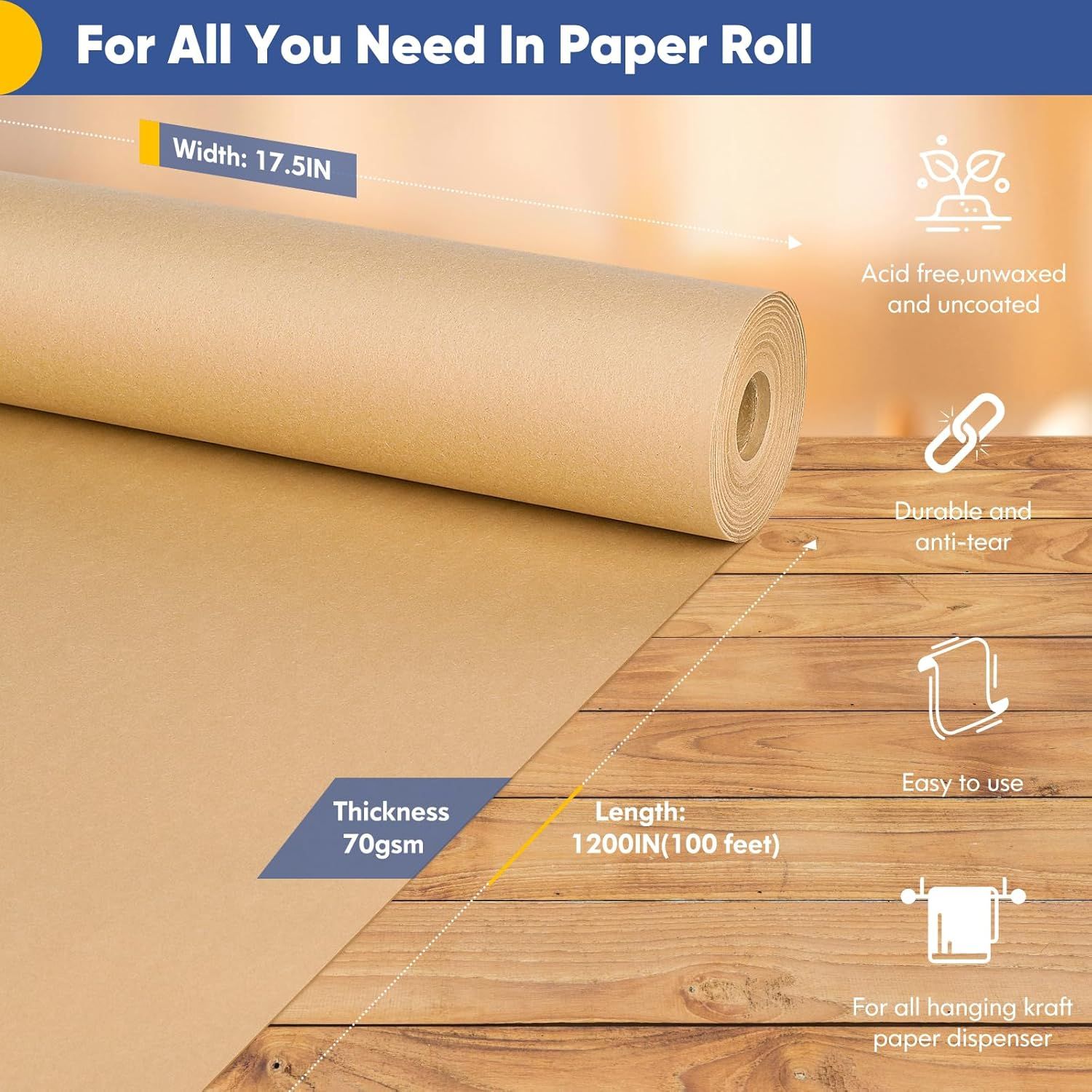 Communicates multiple product specifications and benefits in a segmented layout with icons and callouts, showing shoppers the paper roll's dimensions, material properties, durability, and versatility.
