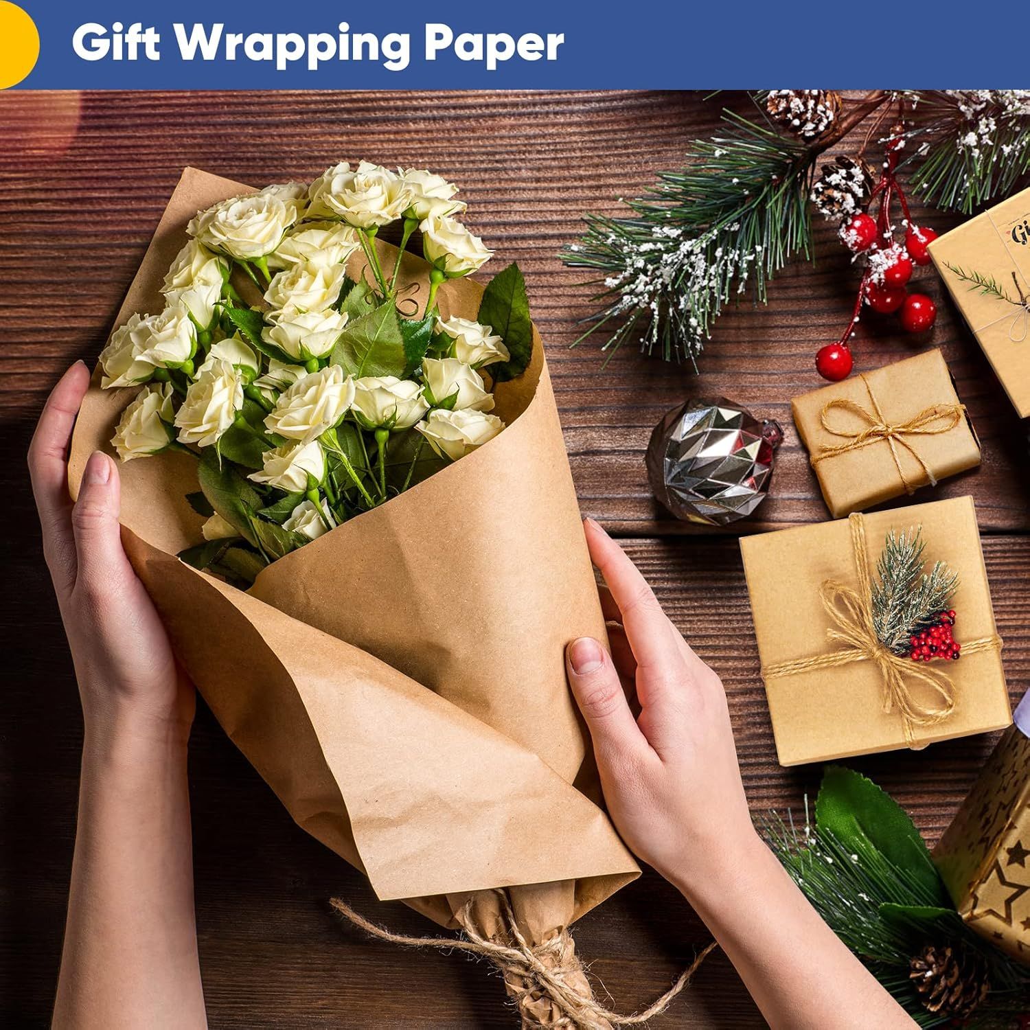 Positions the gift wrapping paper as perfect for holiday and Christmas gift-giving occasions, creating seasonal appeal and emotional connection to festive celebrations. Shows the product in an…