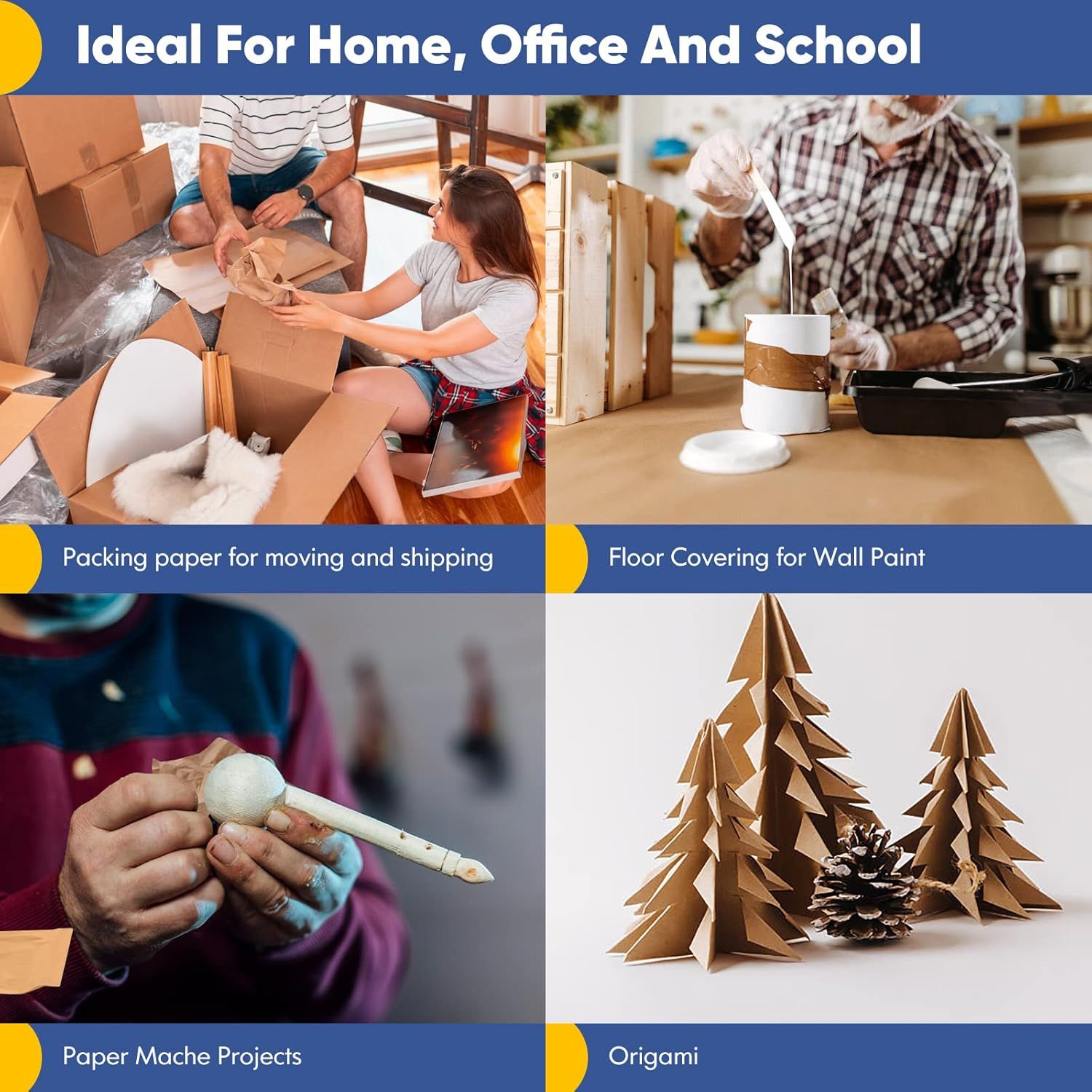 Demonstrates the versatility of the product by showing four distinct use scenarios (moving/shipping, painting protection, paper mache, and origami) to communicate that it's suitable for home,…