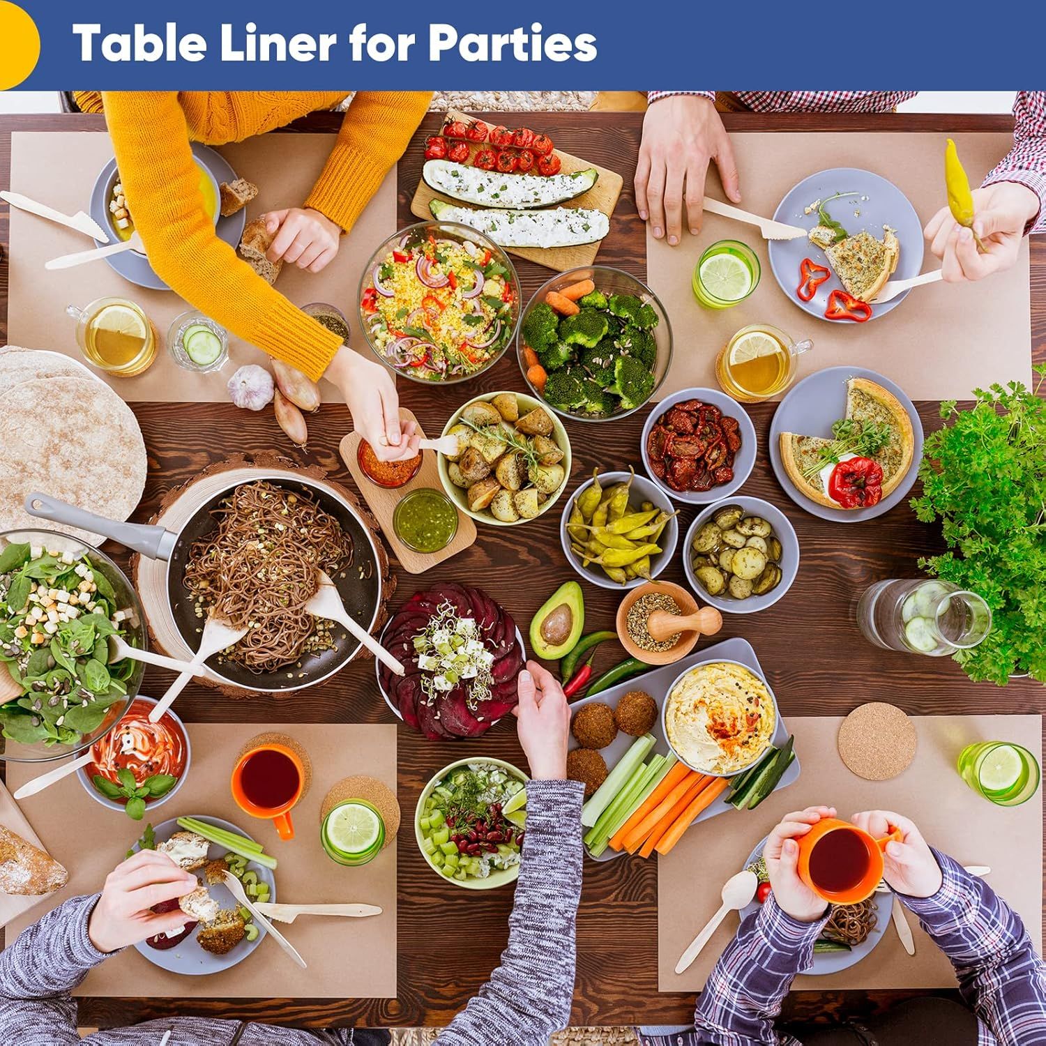 Demonstrates the table liner being used in a real party/dining scenario with multiple people and various foods, showing shoppers how the product works in an actual social gathering context. Shows…