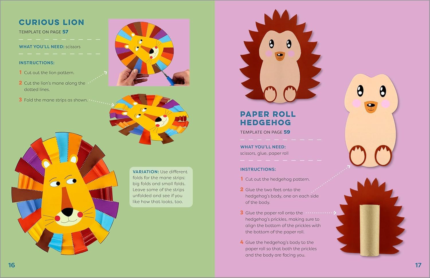 This image provides clear, numbered instructions showing shoppers how to create paper craft animals (lion and hedgehog), demonstrating the product's ease of use and creative possibilities.