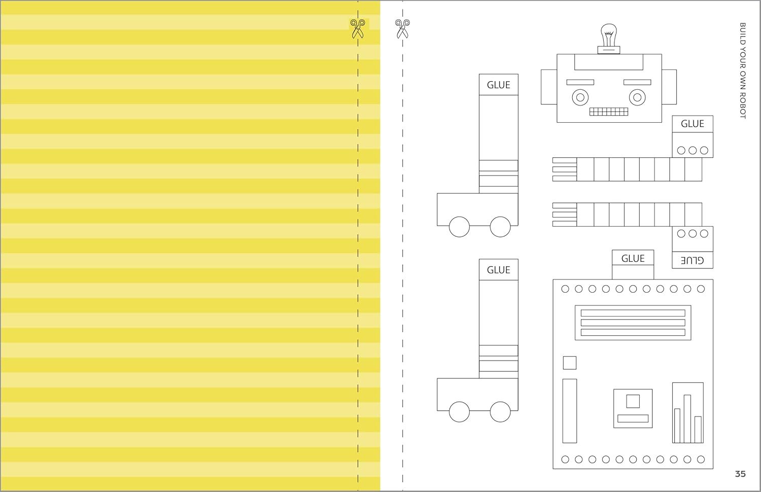 Provides step-by-step visual instructions showing how to cut and assemble a DIY robot craft project, making it easy for customers to understand the creative building process.