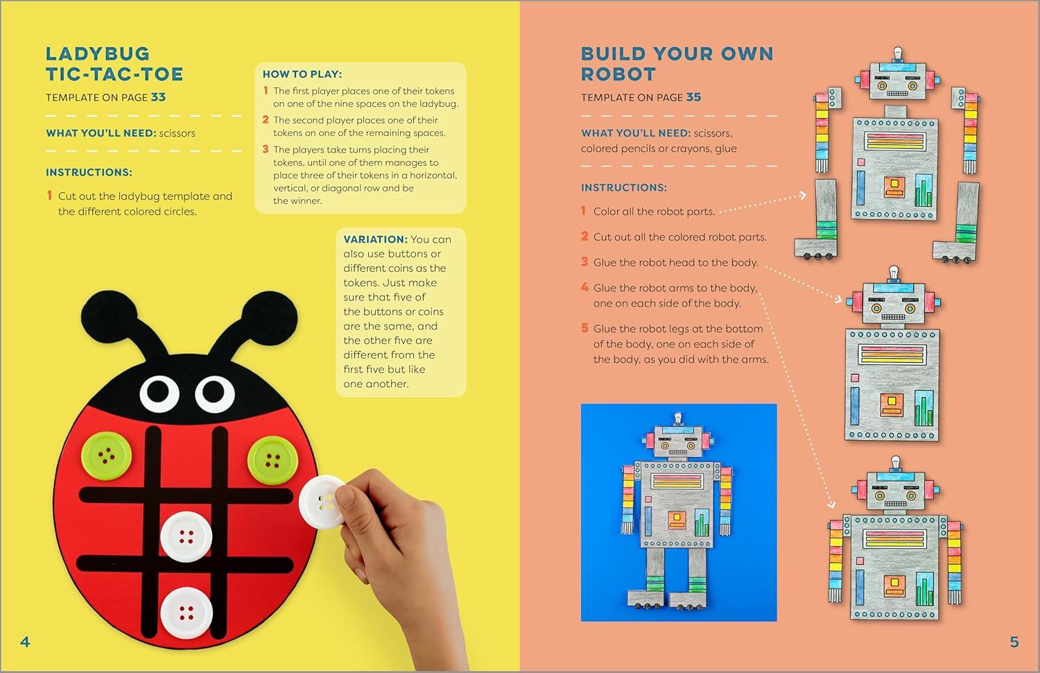 This image provides detailed step-by-step instructions for two craft projects (Ladybug Tic-Tac-Toe and Build Your Own Robot), teaching shoppers how to create and use the activities included in the…