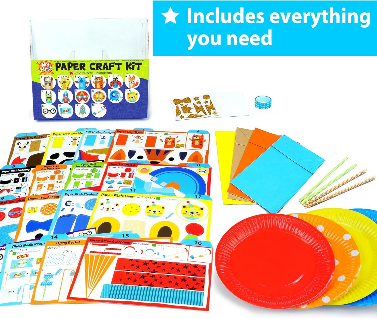 Shows all the components included in the paper craft kit to reassure shoppers they're getting a complete, ready-to-use bundle with instructions, pre-cut pieces, paper plates, colored paper, and…
