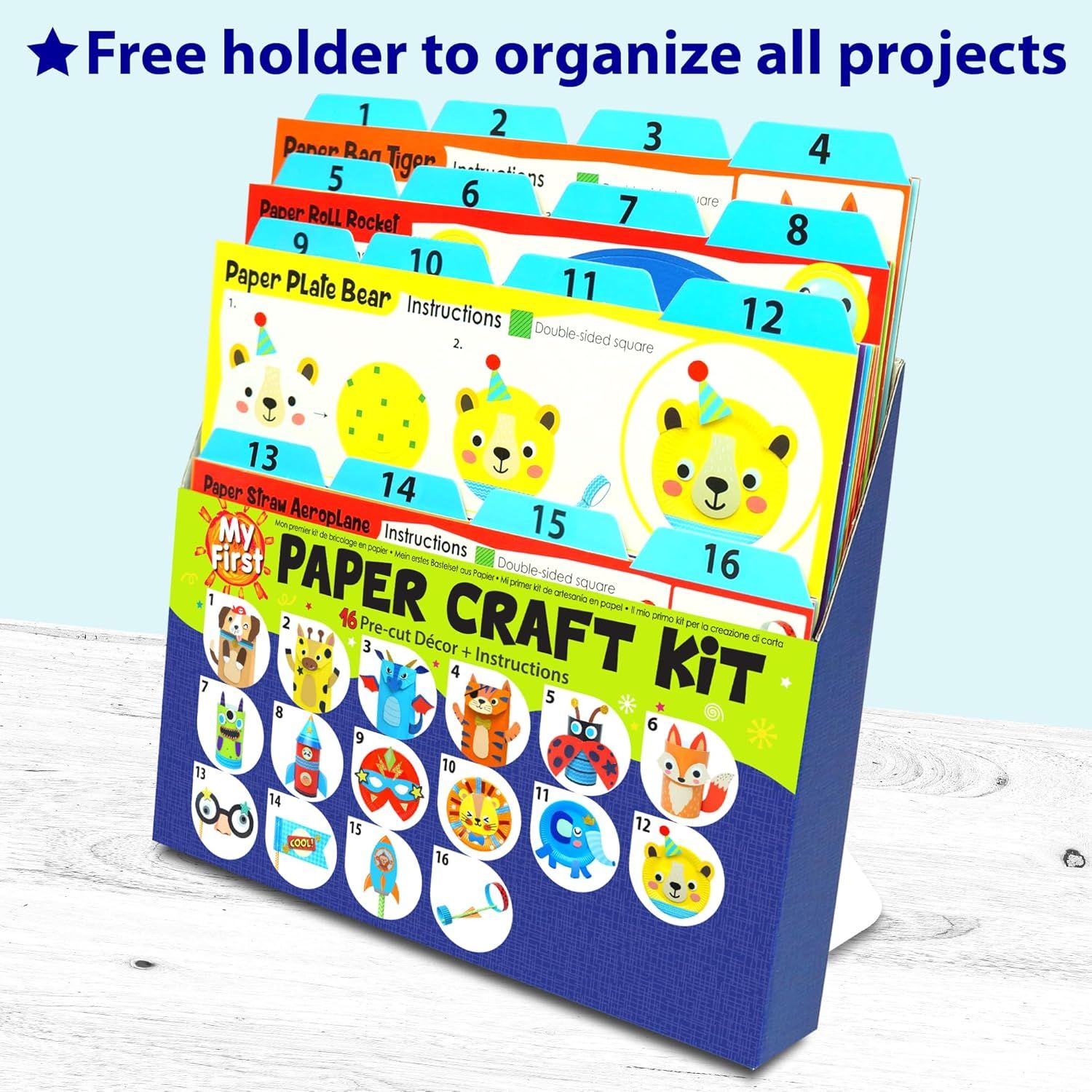 Highlights the included organizational holder that helps keep all 16 craft projects neatly stored and accessible, emphasizing the convenience and value-add of the kit's packaging.