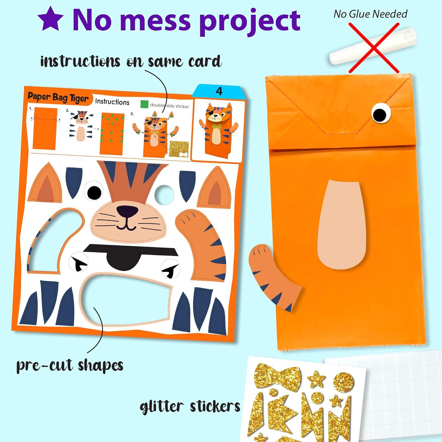 Shows everything included in the craft kit to reassure parents that the project is complete, easy, and mess-free with all components provided.