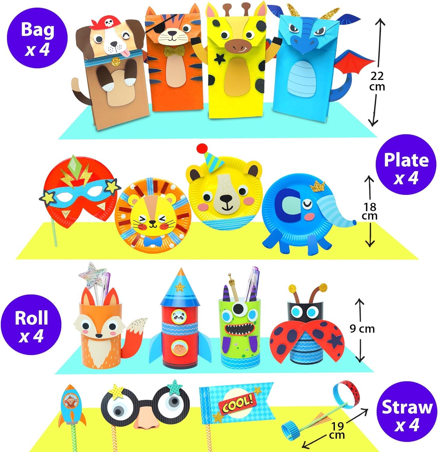 Shows all the different craft projects included in the kit (bags, plates, rolls, straws) with exact dimensions and quantities to help shoppers understand the complete value and variety of the bundle.