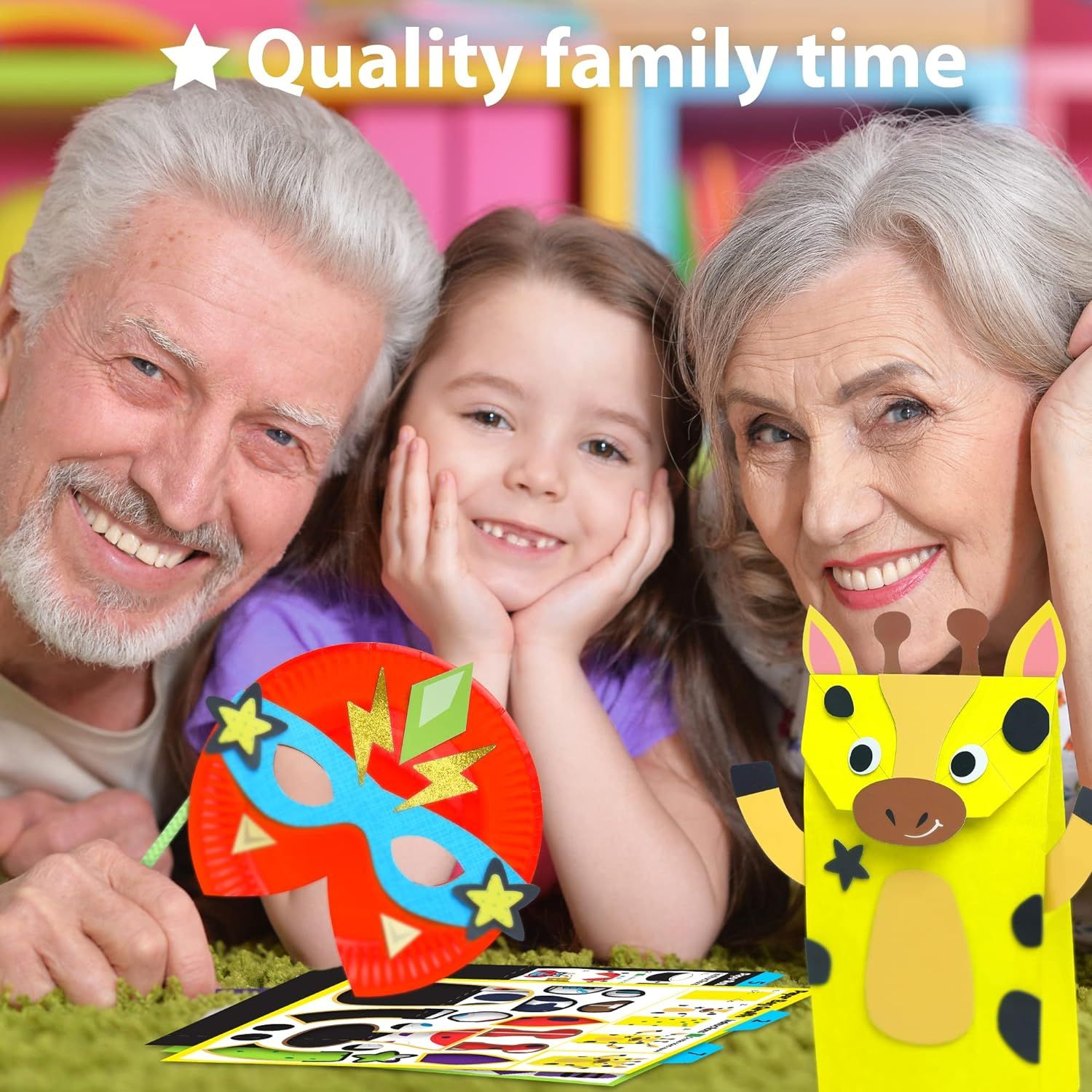 Communicates the emotional benefit of bringing families together through creative play, showing grandparents and grandchild enjoying quality time with the craft product.