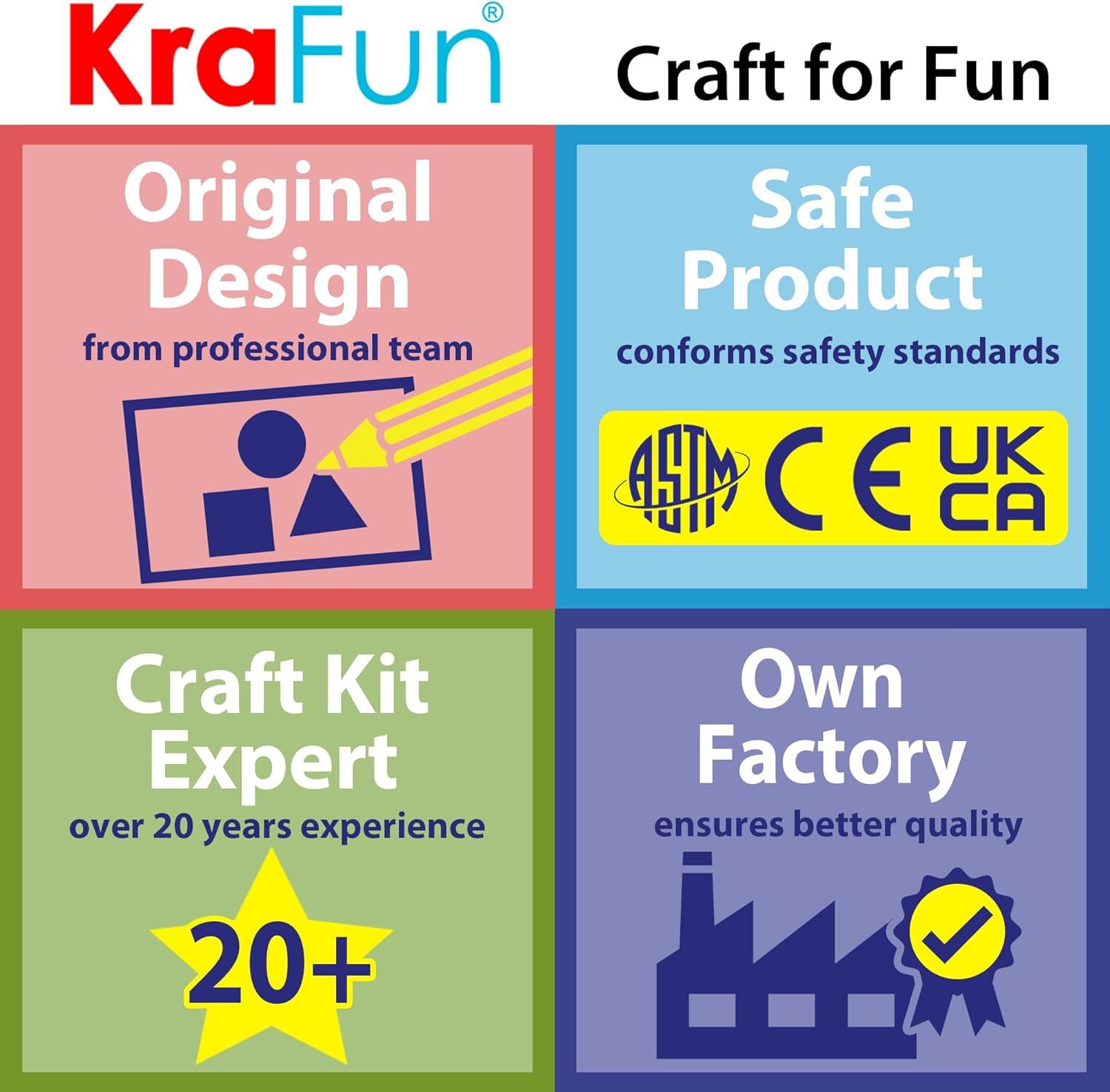 Communicates multiple brand strengths and product benefits in a segmented four-quadrant layout to build trust and differentiate the KraFun brand from competitors.