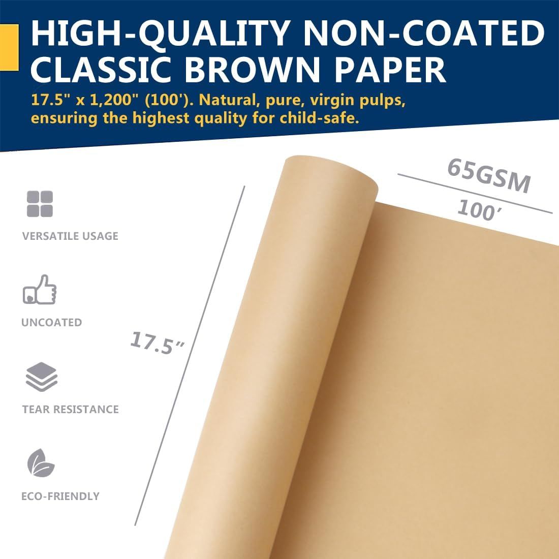 Communicates multiple key benefits of the brown paper product including its versatility, uncoated nature, durability, and environmental friendliness to help shoppers understand why this product is a…