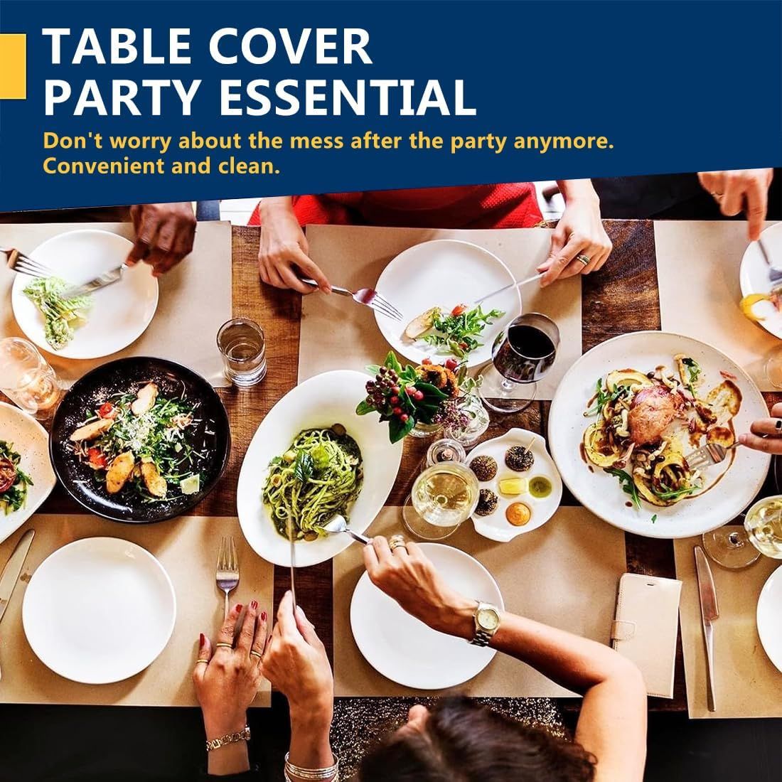 Demonstrates the product's use case for parties and gatherings, reassuring shoppers that it simplifies cleanup and is convenient for entertaining. Highlights the convenience benefit of not worrying…