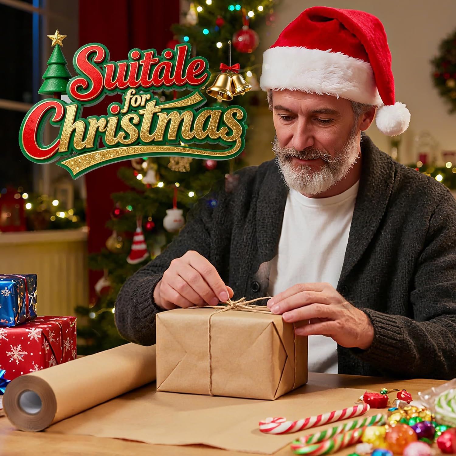 Positions the product as suitable for Christmas gift-giving by showing a festive holiday scene with gift wrapping and seasonal decorations.