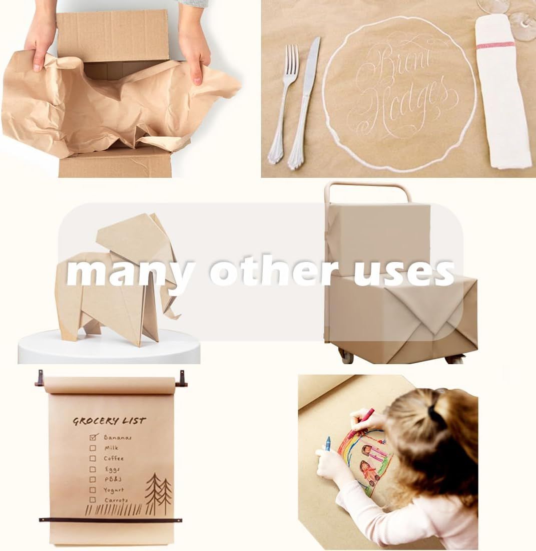 Demonstrates the product's versatility by showing multiple creative applications including packaging, table settings, crafts, shopping bags, grocery lists, and children's art projects to communicate…