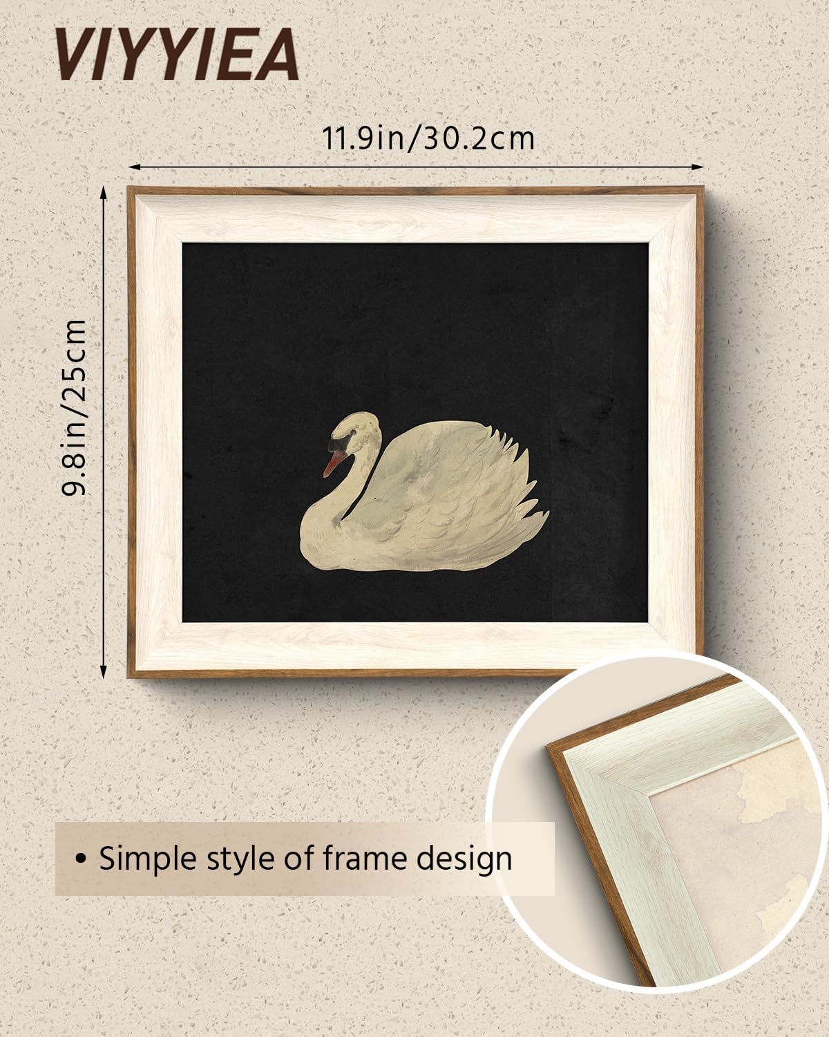 Communicates the exact physical dimensions of the framed product (11.9in x 9.8in / 30.2cm x 25cm) to help shoppers understand the size before purchase. Highlights the simple, elegant frame design…
