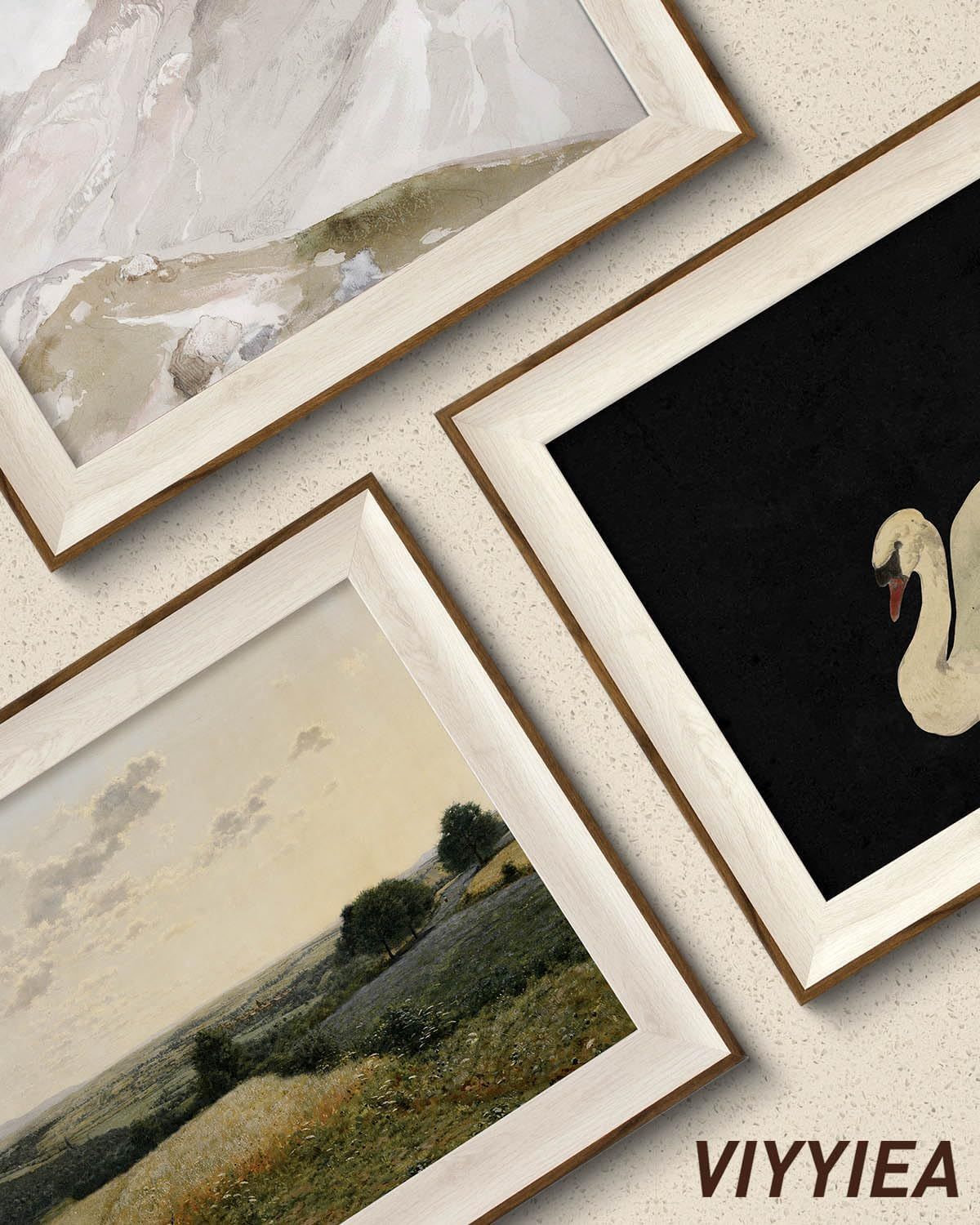 Displays the brand's range of framed art print options to help shoppers visualize different styles and finishes available in the product line.
