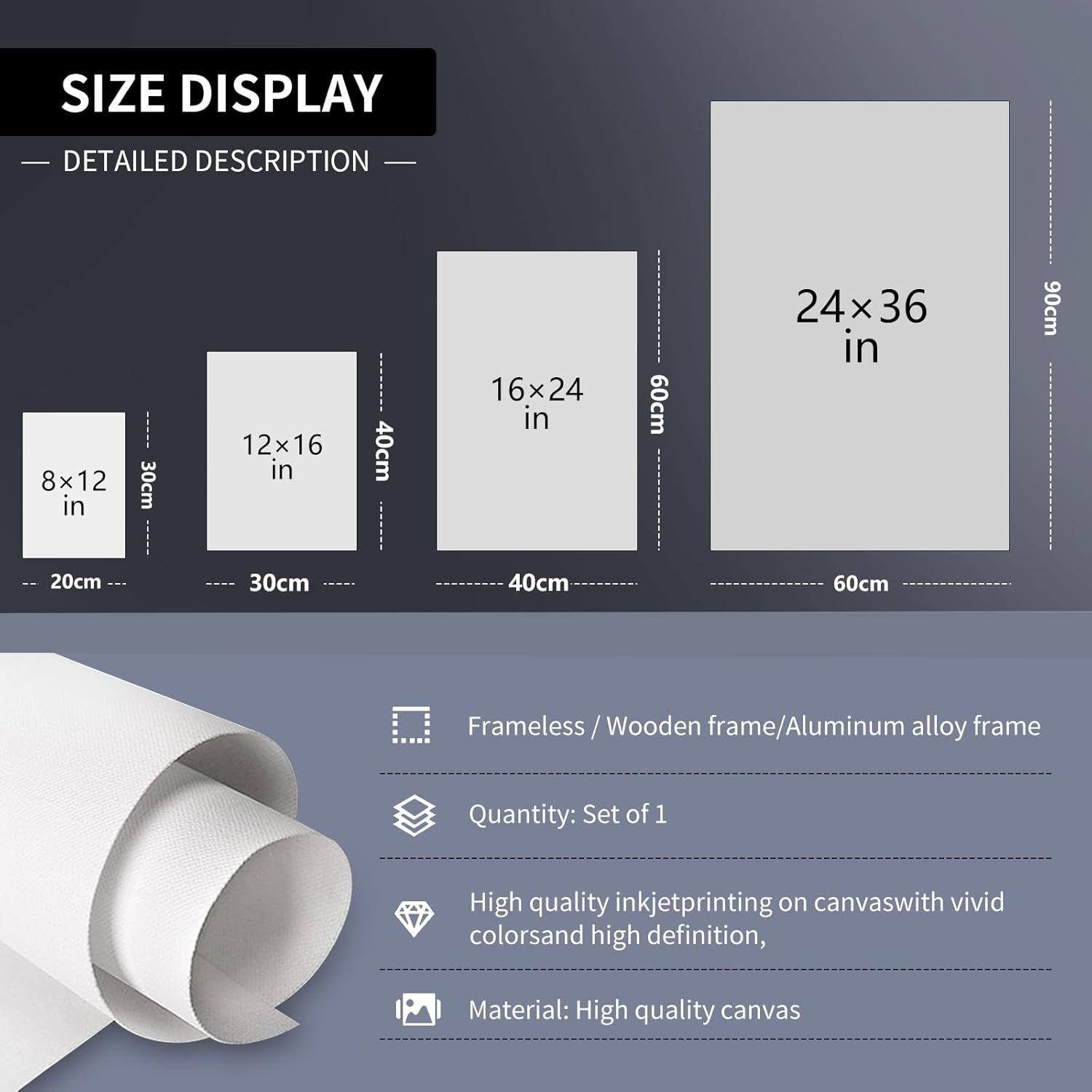 Shows shoppers the available size options for the canvas print with exact dimensions in both inches and centimeters, helping them choose the right size for their space.