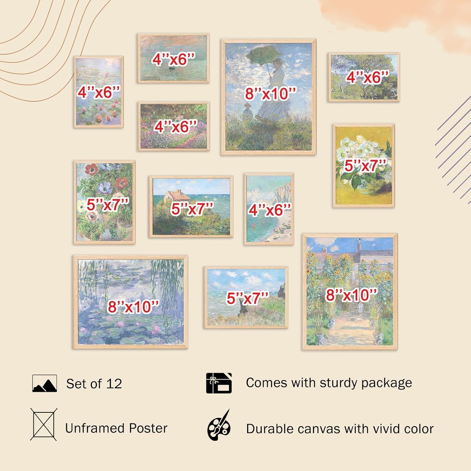 Shows the customer exactly what they receive in the purchase: a set of 12 art prints in various sizes (4x6, 5x7, 8x10), highlighting the variety and value of the bundle along with key product…