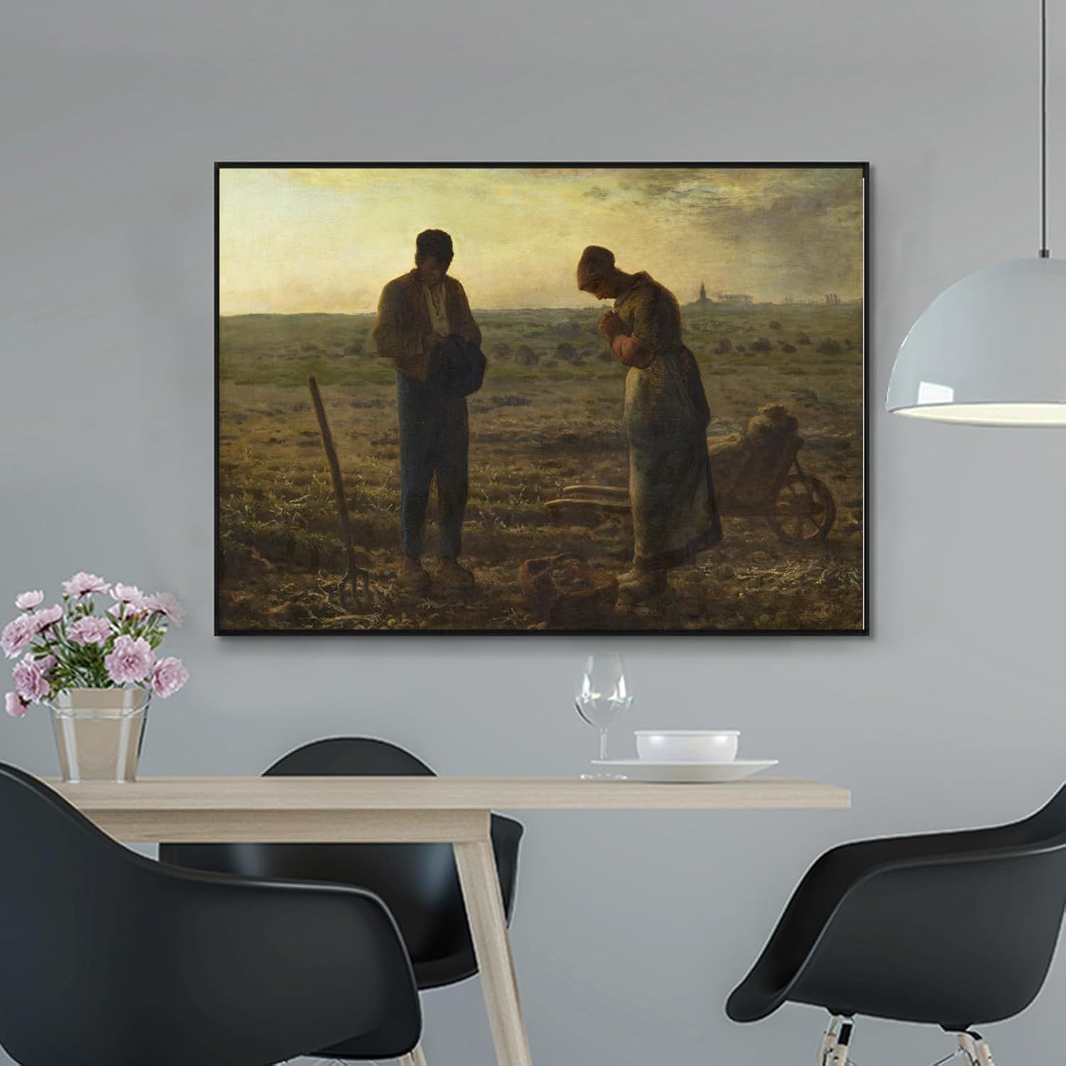 Demonstrates how the framed art piece looks when displayed in a real dining room setting, helping shoppers visualize the product in their own home environment.