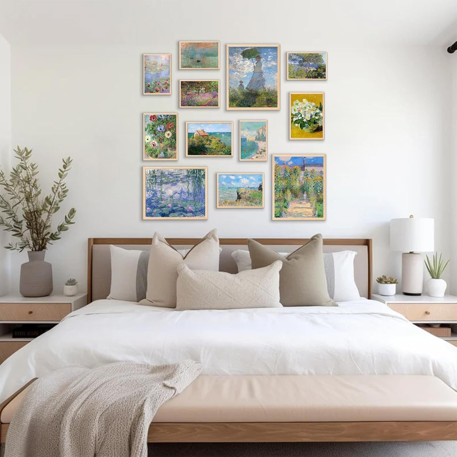 Demonstrates how the art prints look when displayed together as a gallery wall in a real bedroom setting, helping shoppers visualize the product in their own home.