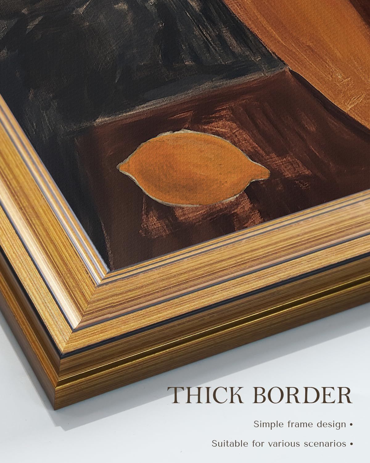 Highlights the thick, decorative border of the frame as a key design feature, reassuring shoppers that it offers a premium, substantial look suitable for various display scenarios.
