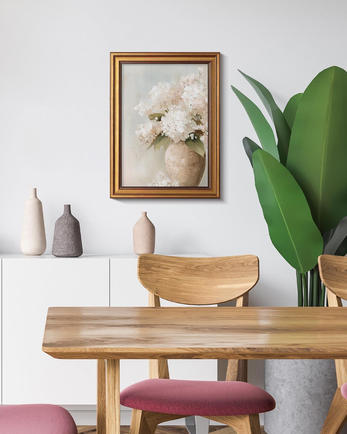 Demonstrates how the framed artwork fits beautifully into a modern home setting, helping shoppers visualize the product in their own dining or living space.