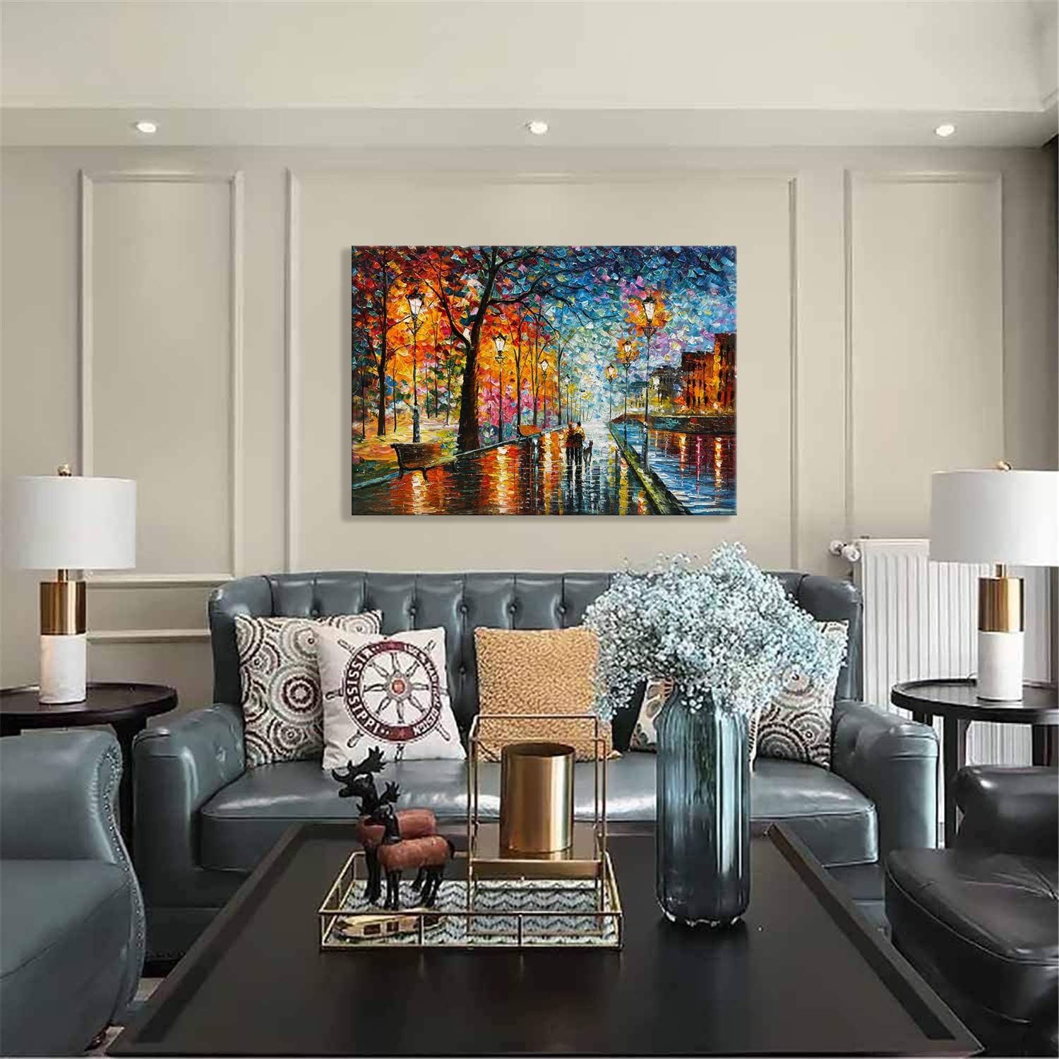 Demonstrates how the artwork looks when displayed in a real living room setting, helping shoppers visualize the product in their own home.