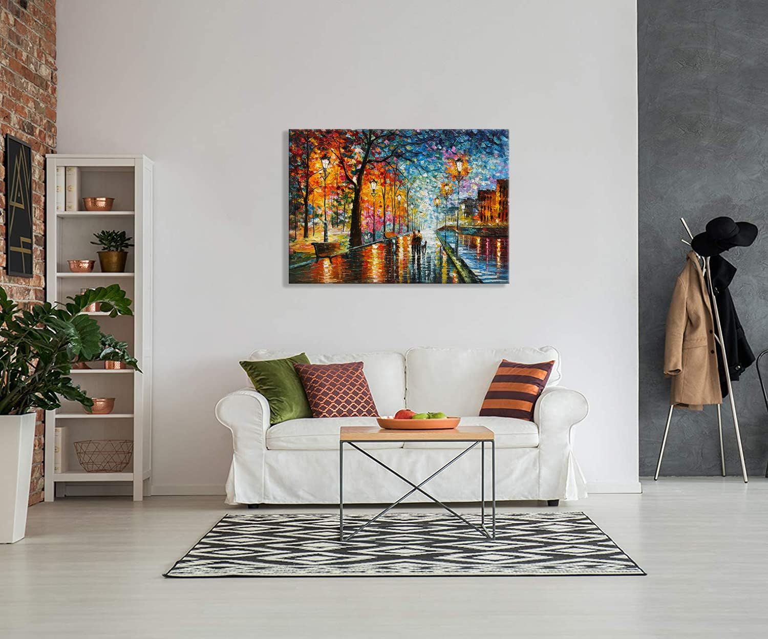 Demonstrates how the canvas art product looks when displayed in a real living room setting, helping shoppers visualize the product in their own home.