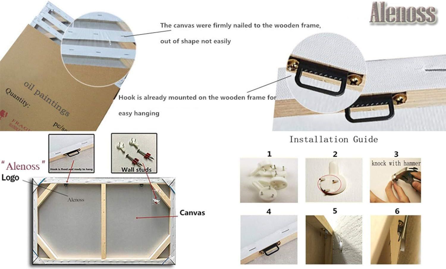 Provides step-by-step installation guidance showing how to mount the canvas art to the wall, reassuring shoppers that setup is straightforward and the product comes ready to hang. Breaks down the…