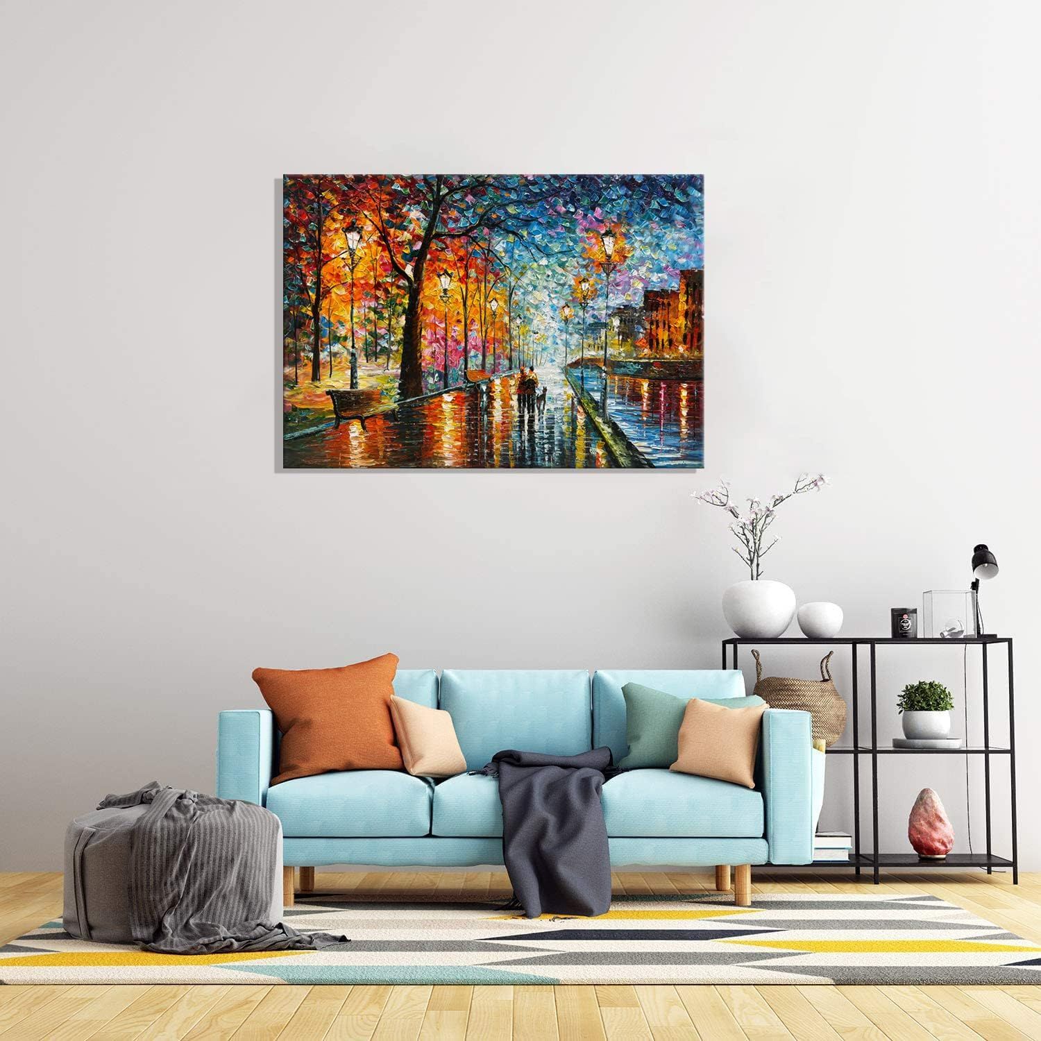 Demonstrates how the canvas art product looks when displayed in a real living room setting, helping shoppers visualize the product in their own home environment.