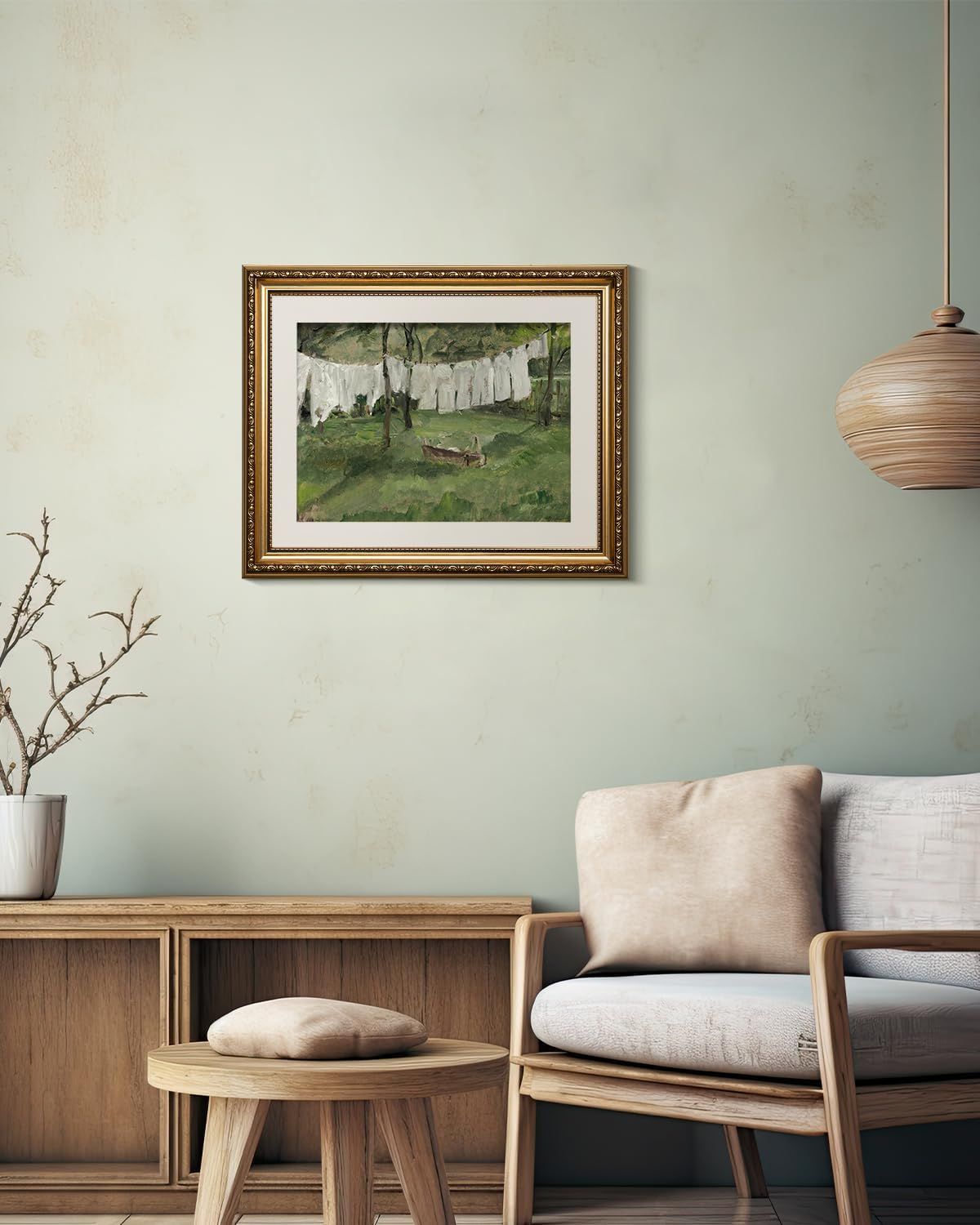 Demonstrates how the framed artwork looks when displayed in a real-world living space, helping shoppers visualize the product in their own home.