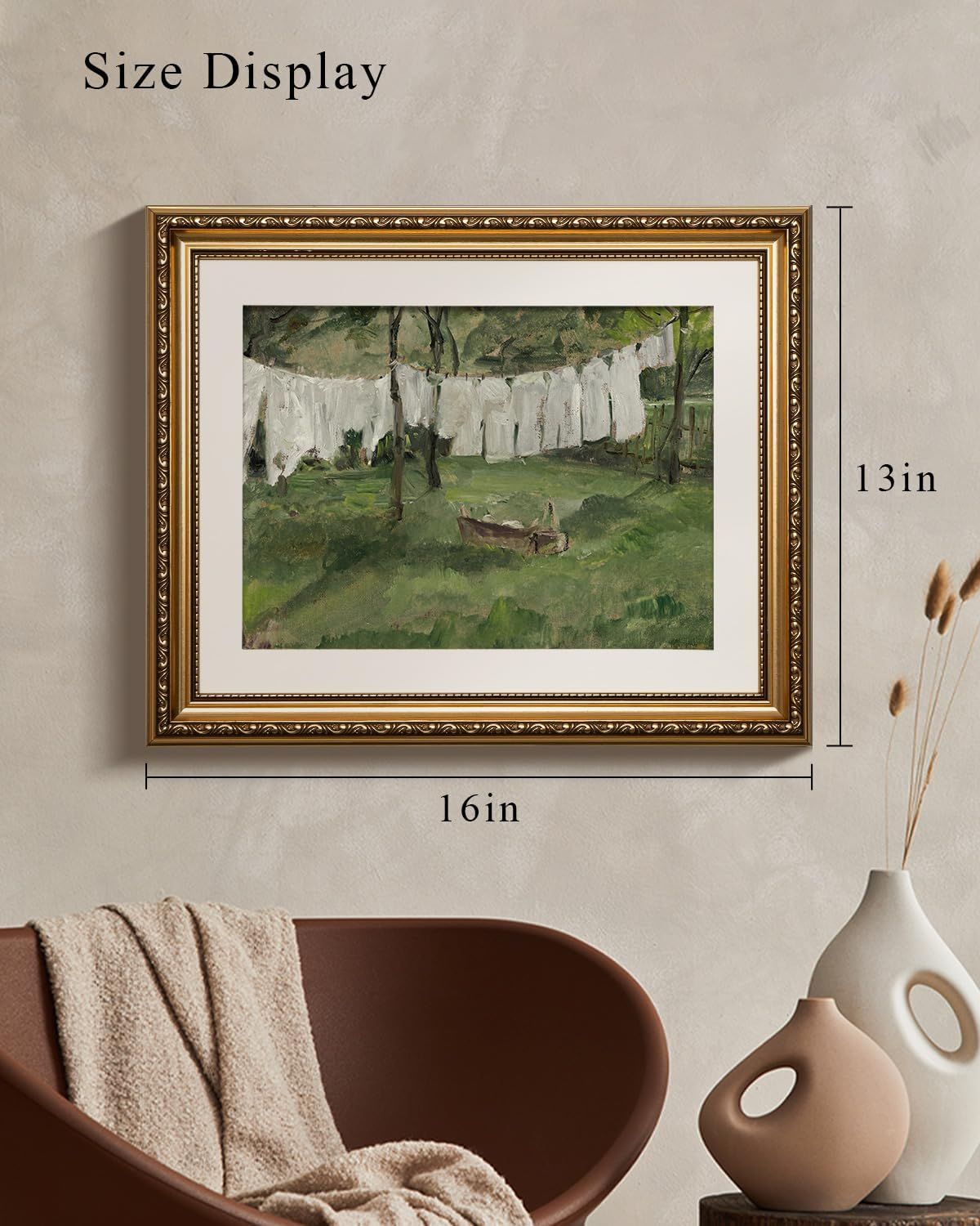 Communicates the exact physical dimensions of the framed artwork (16 inches wide by 13 inches tall) to help shoppers understand the size and scale of the product before purchase.