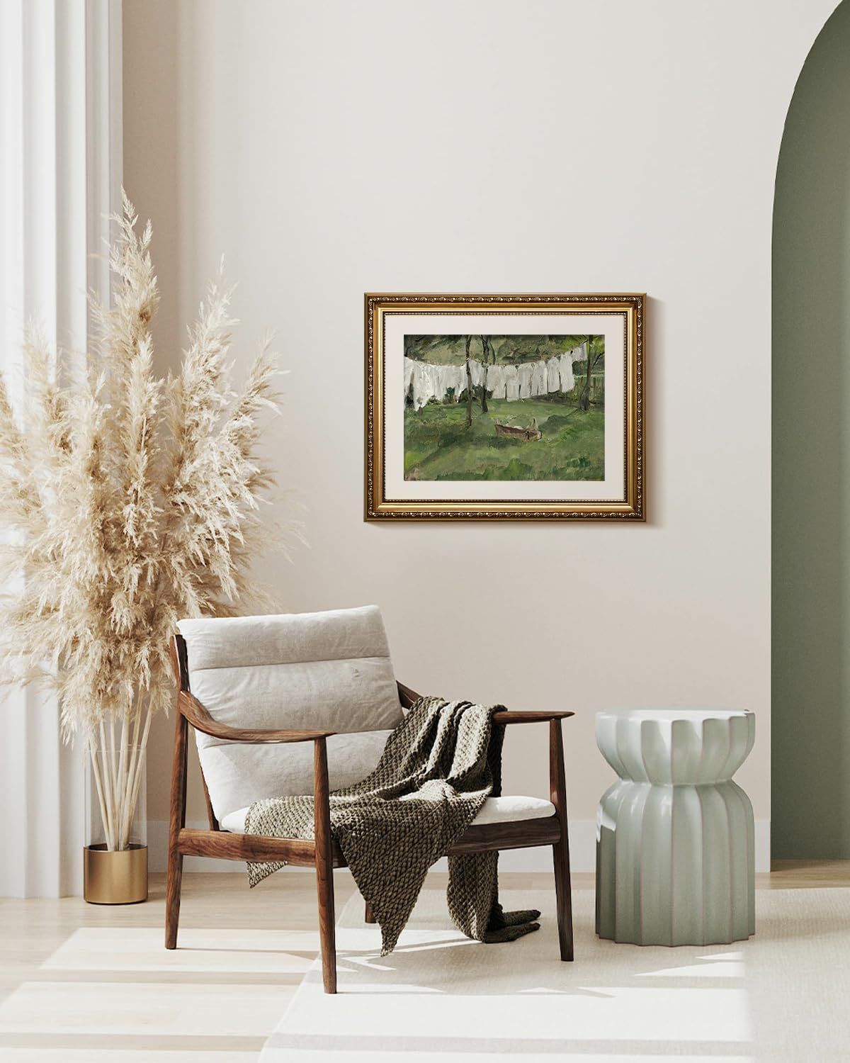 Demonstrates how the framed artwork integrates beautifully into a real-world living space, helping shoppers visualize the product in their own home environment.