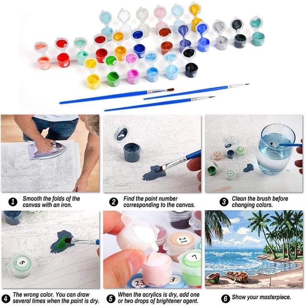 Provides a complete 6-step instructional guide showing customers exactly how to use the paint-by-number kit, from preparing the canvas to completing their artwork, reassuring beginners that the…