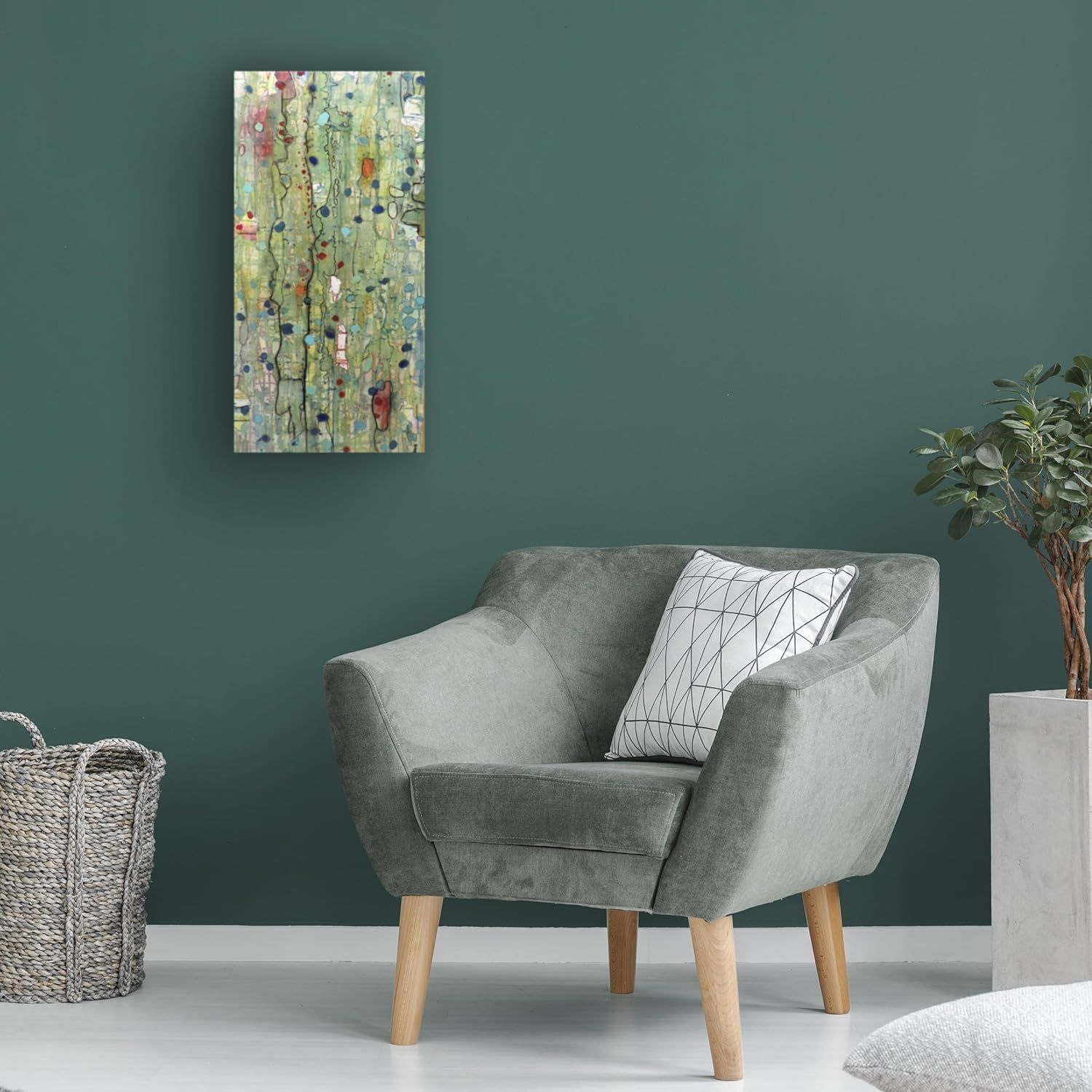 Demonstrates how the product (abstract wall art) looks when displayed in a real-world living space, helping shoppers visualize it in their own home.