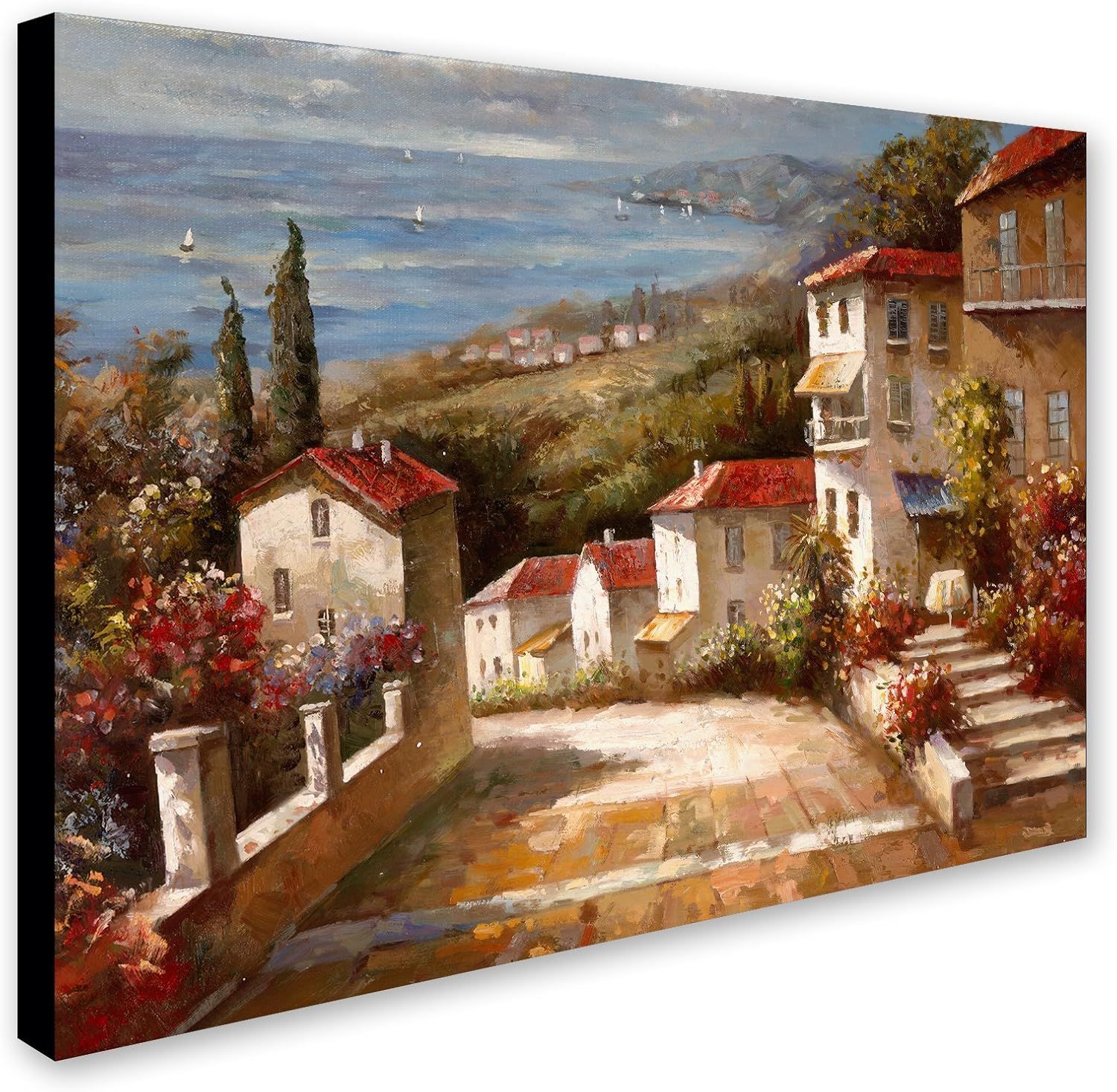 Showcases the product as decorative wall art in a lifestyle context, depicting a serene Mediterranean village with ocean views to evoke aesthetic appeal and ambiance for home decor.