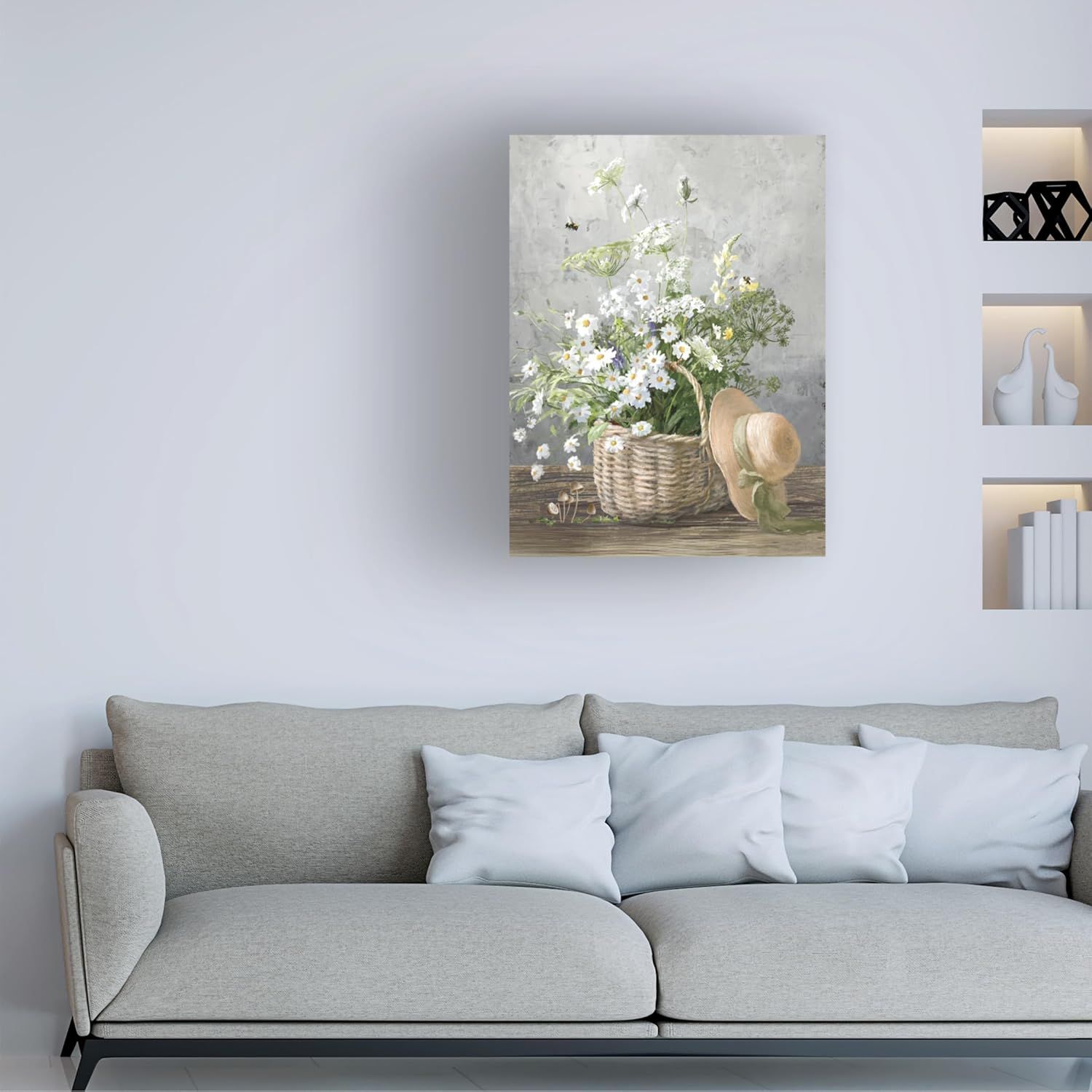 Demonstrates how the canvas art piece looks when displayed in a real living room setting, helping shoppers visualize the product in their own home.