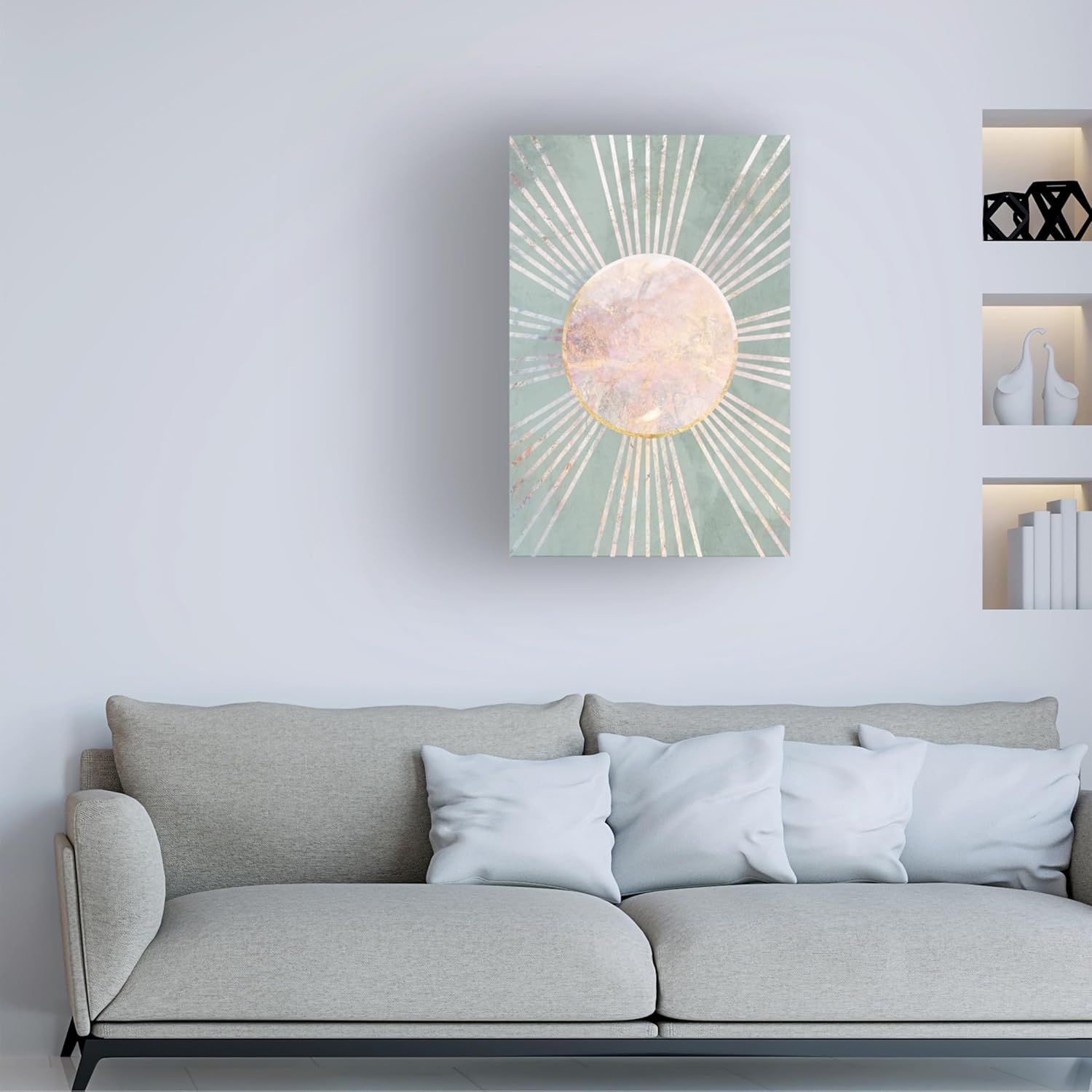 Demonstrates how the product (wall art/canvas print) looks when displayed in a real home setting to help shoppers visualize it in their own space.