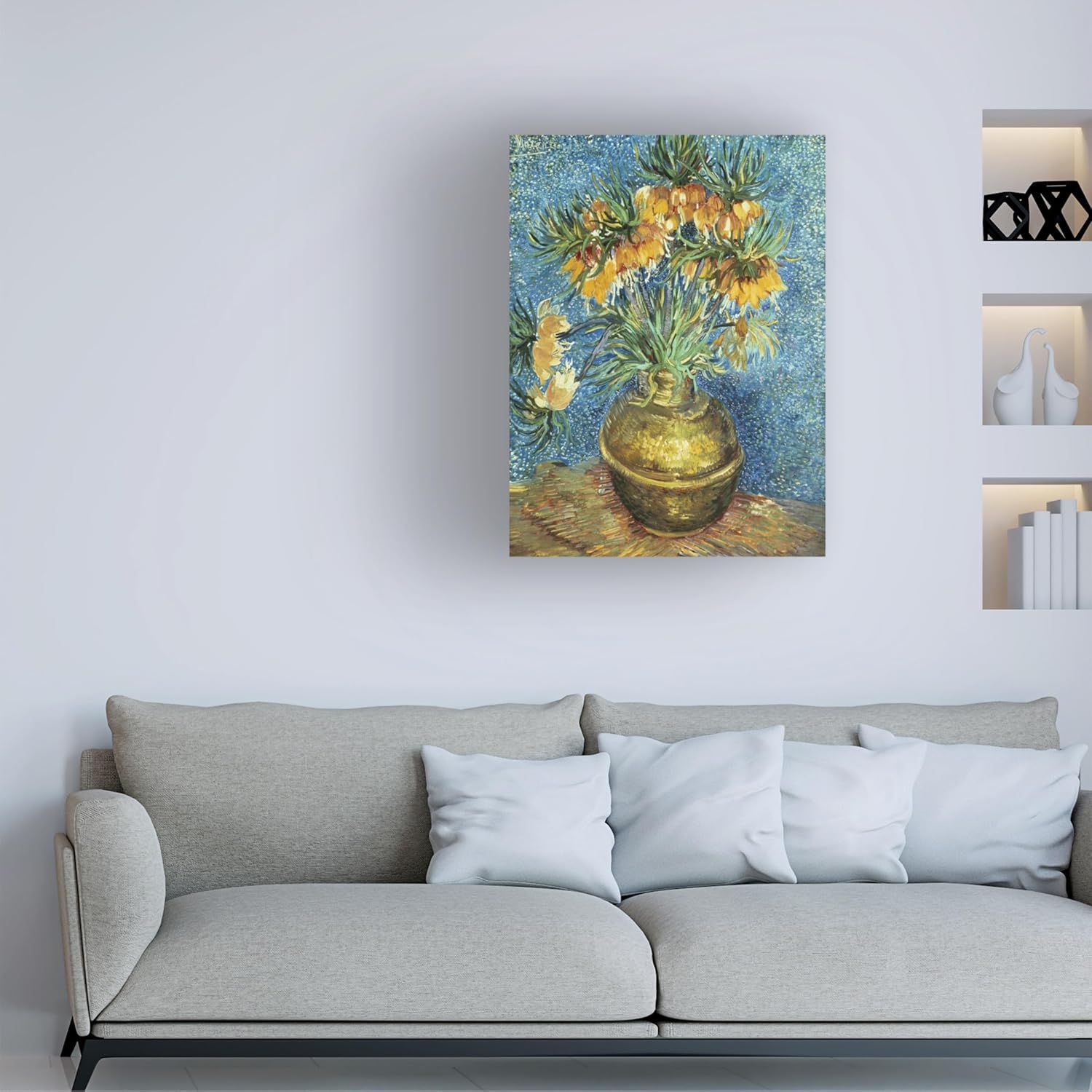 Demonstrates how the canvas print looks when displayed in a real living room setting, helping shoppers visualize the product in their own home.