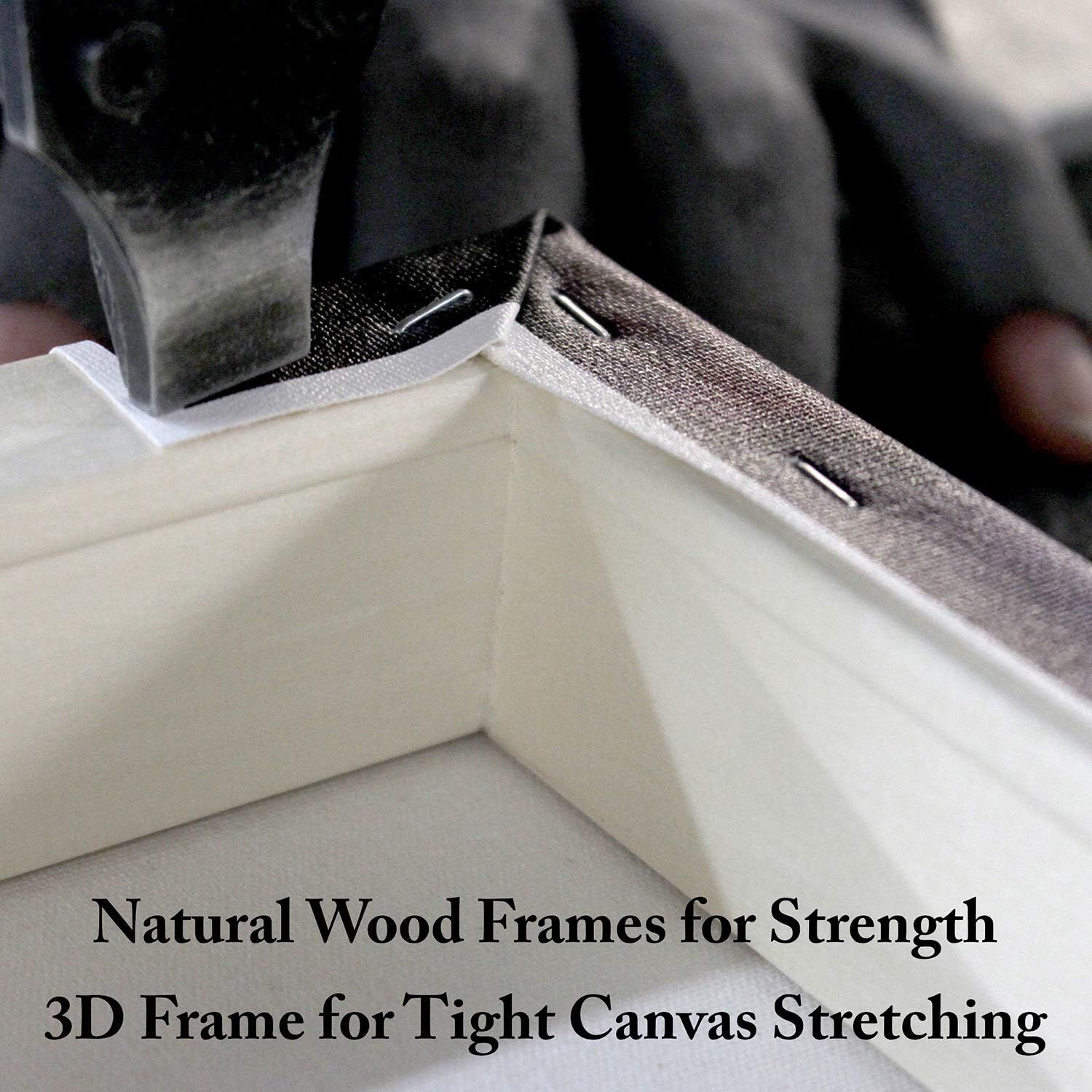 Highlights the product's premium natural wood frame construction and 3D design that ensures tight canvas stretching, reassuring shoppers of quality and durability.