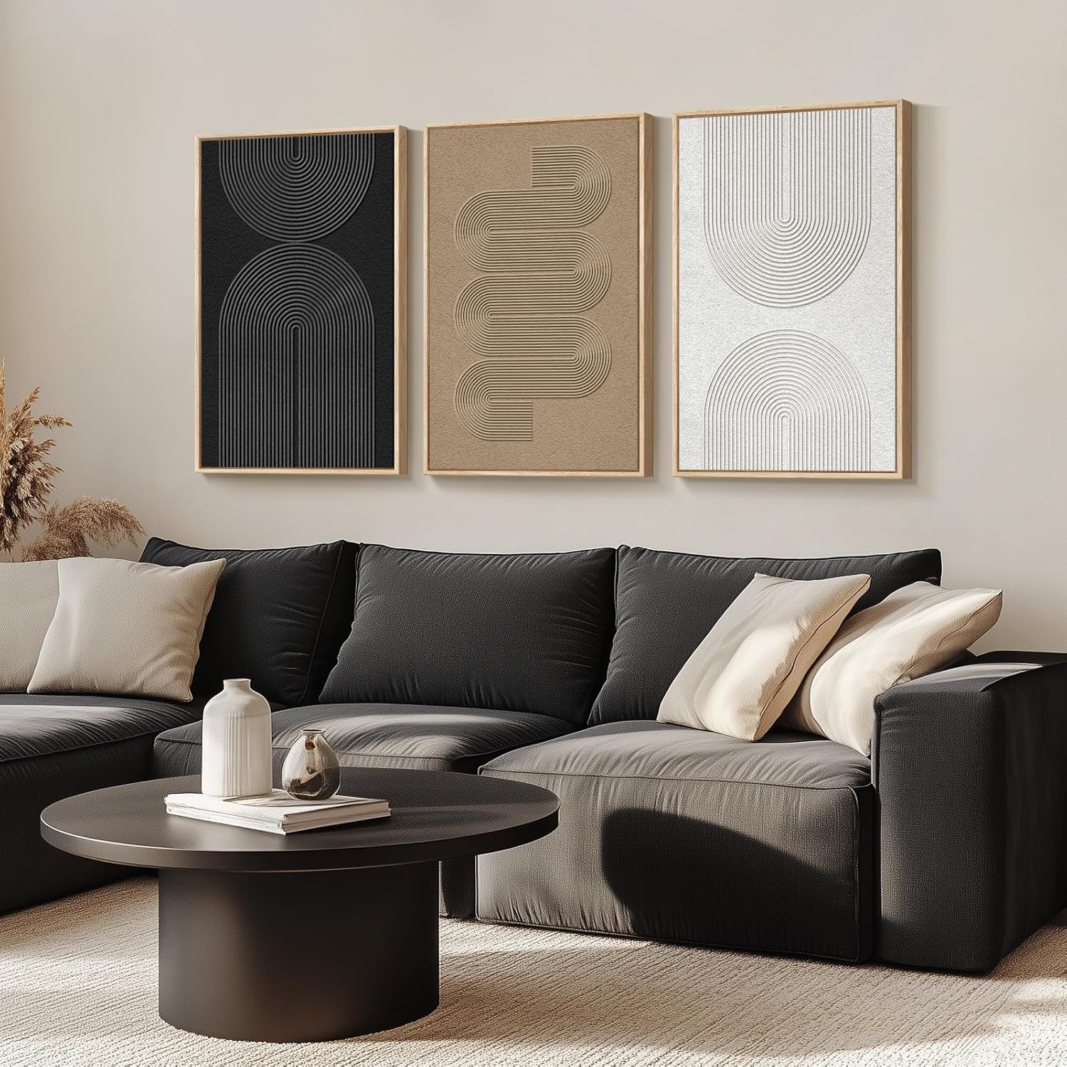 Demonstrates how the product (wall art set) looks when styled in a real living room environment, helping shoppers visualize the product in their own home.