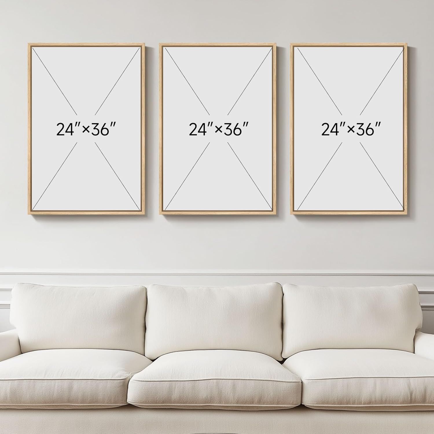 Communicates the exact physical dimensions of the framed art pieces to help shoppers understand the size and scale for their space planning.