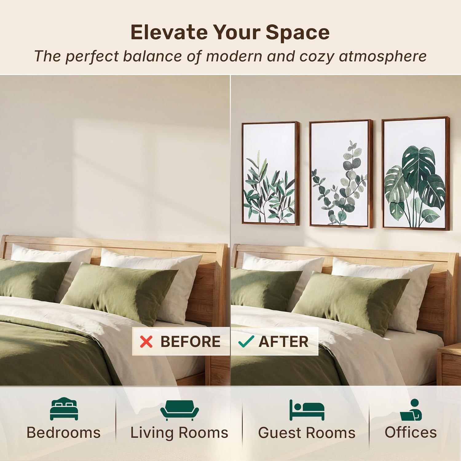 Demonstrates the visual transformation of a bedroom space by adding botanical wall art, showing shoppers how the product elevates the room's aesthetic from plain to stylish and complete. Shows the…
