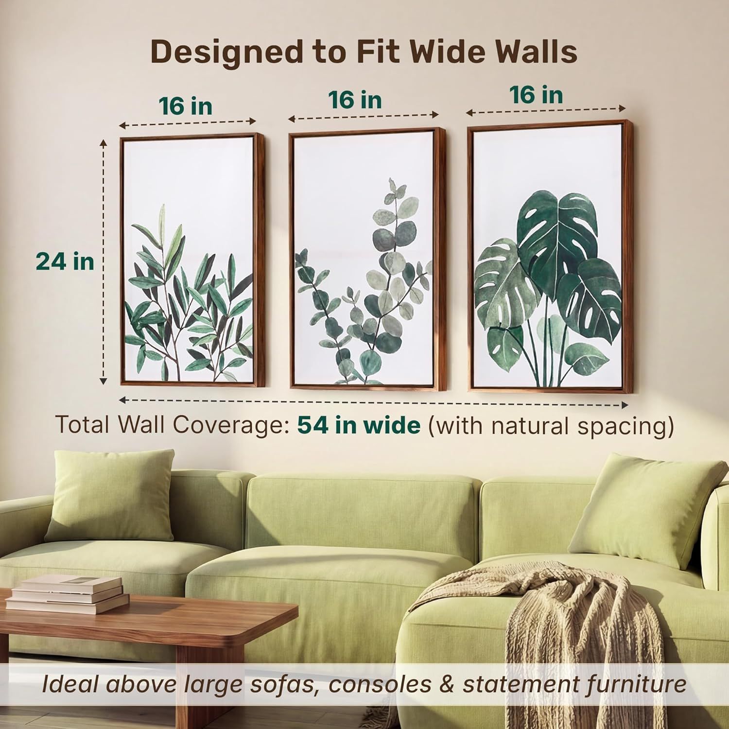 Communicates the exact dimensions of each frame (16 x 24 inches) and total wall coverage (54 inches wide) to help shoppers visualize how the product will fit their space and ensure it's suitable for…