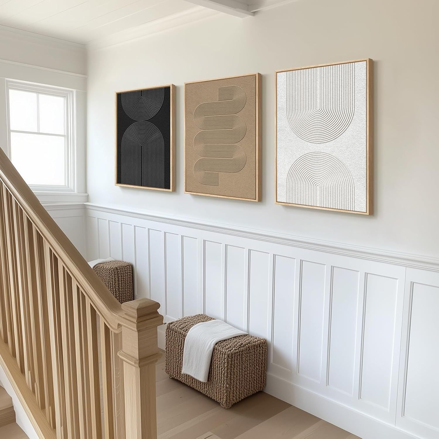Demonstrates how the product (wall art) looks when displayed in a real home environment, helping shoppers visualize the aesthetic and styling possibilities.