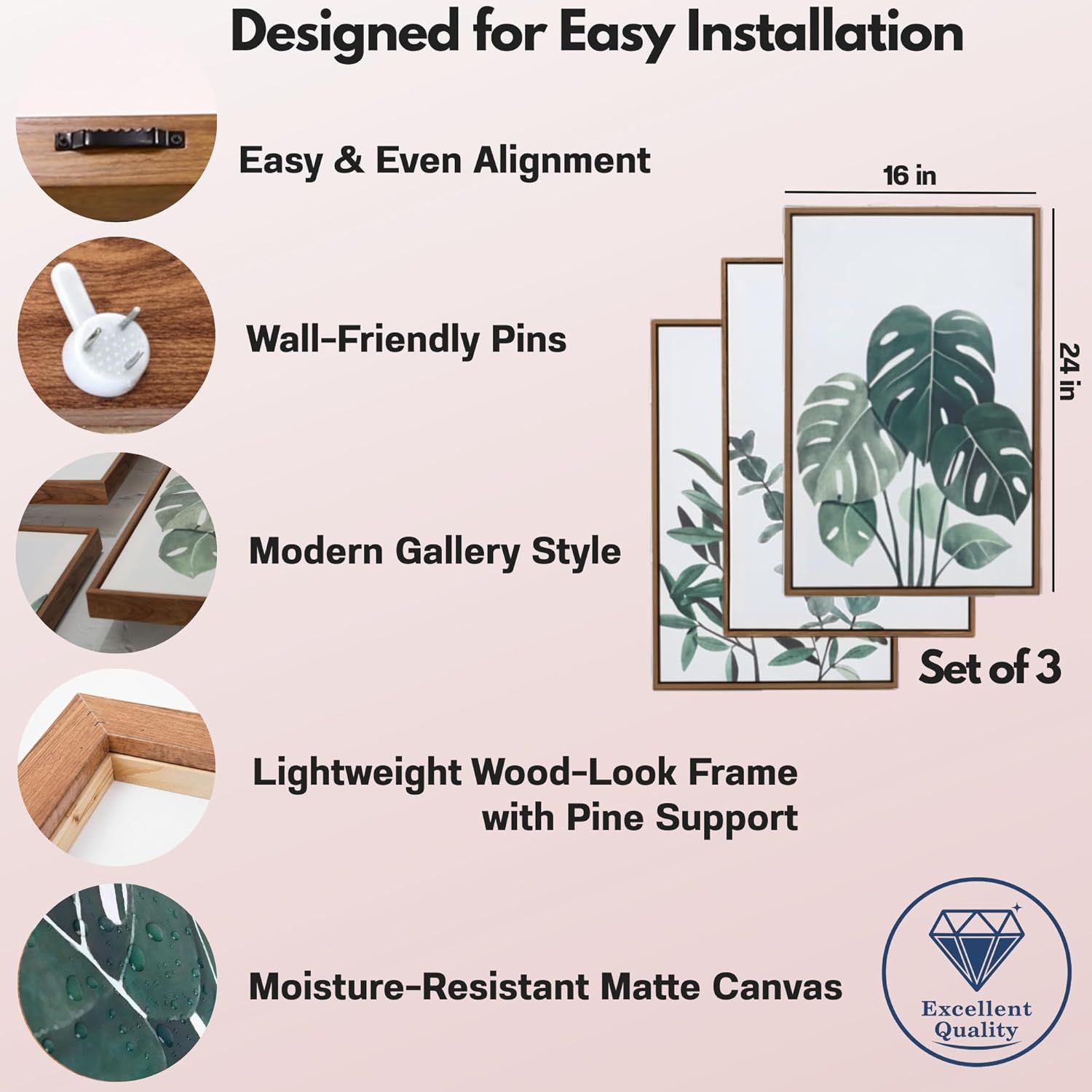 Communicates multiple distinct product benefits in a segmented layout to show shoppers why this wall art set is easy to install, stylish, and durable.