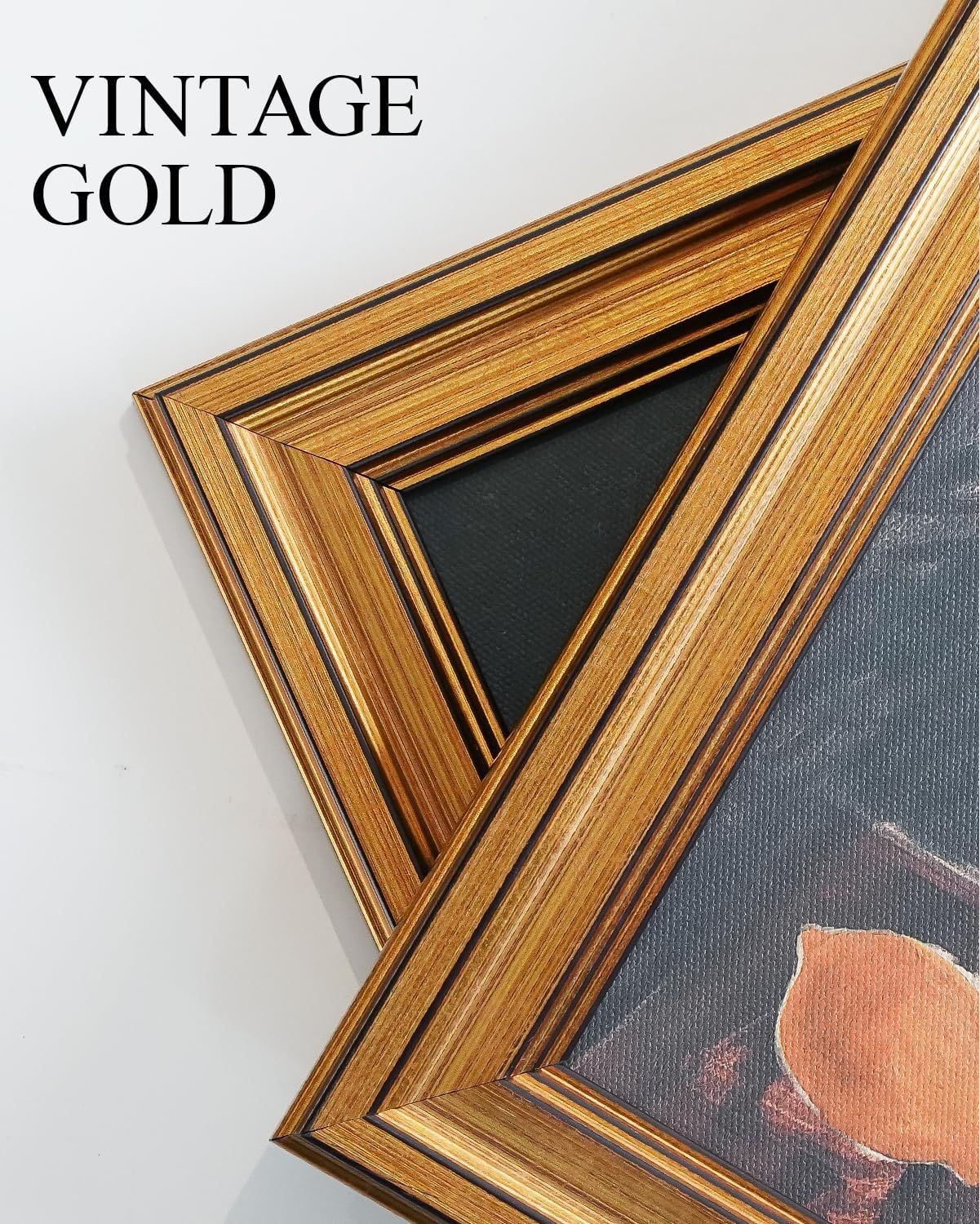 Showcases the decorative vintage gold frame finish to communicate the product's aesthetic appeal and premium quality for shoppers looking for elegant framing options.