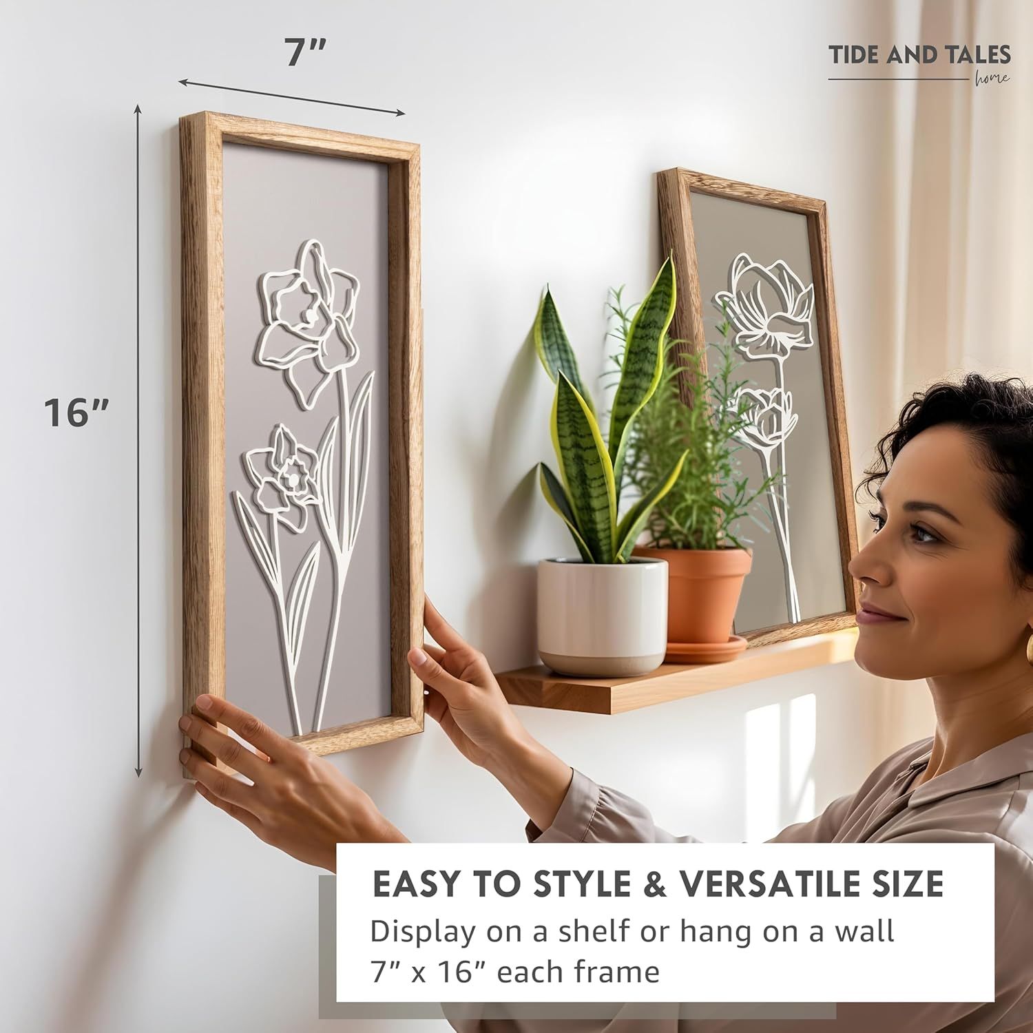 Communicates the exact physical dimensions of the framed wall art to help shoppers understand the size and visualize how it will fit in their space. Highlights the product's versatility by showing…