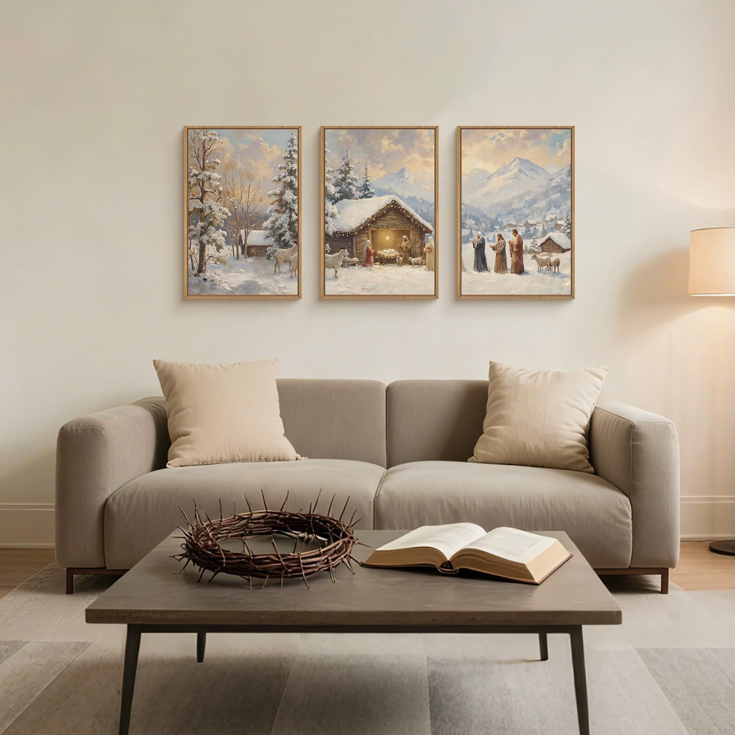 Demonstrates how the product (framed winter/nativity artwork) looks when displayed in a real home setting, helping shoppers visualize the product in their own living space.