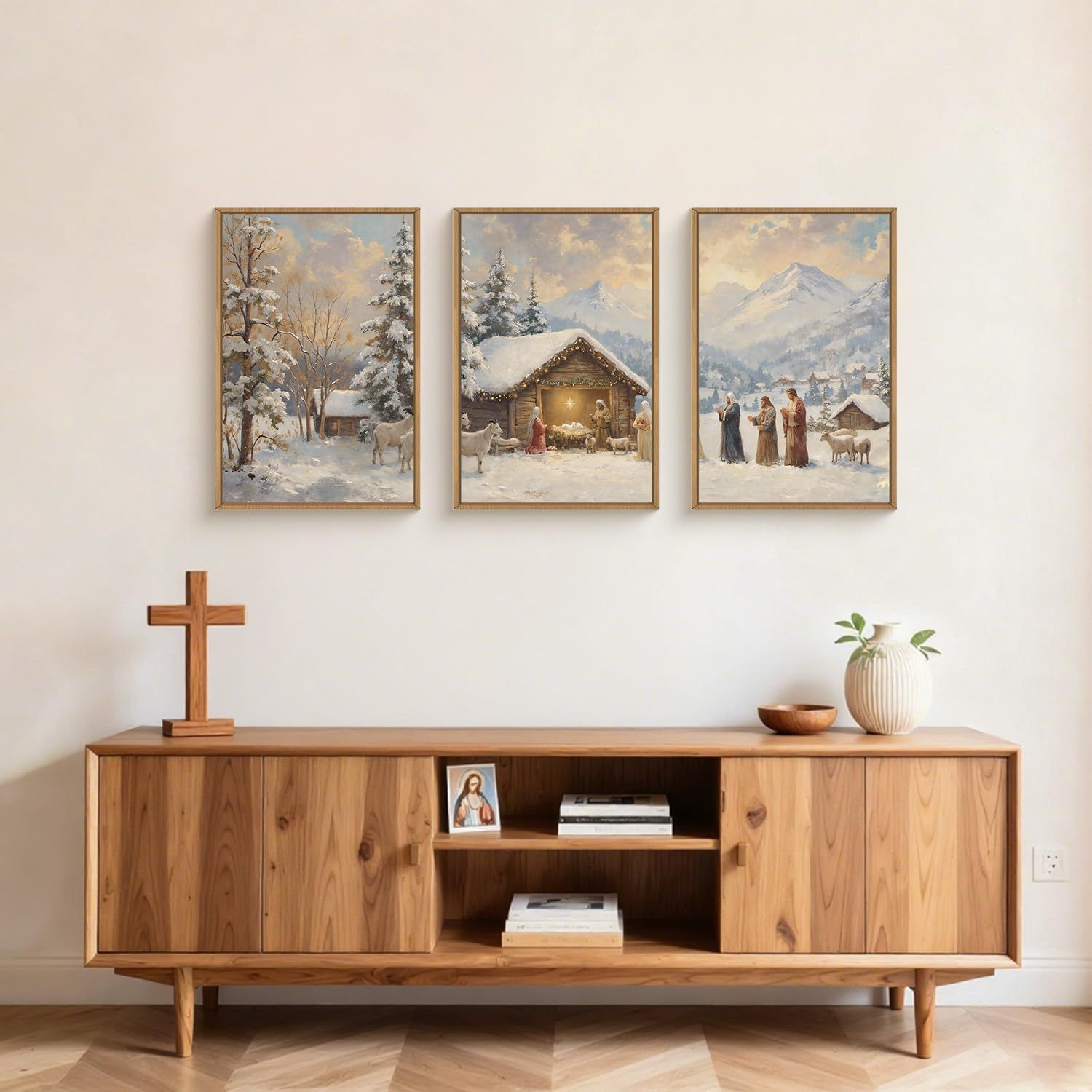 Positions the product as seasonal holiday decor featuring a nativity scene and winter landscapes, perfect for Christmas gifting or home decoration during the holiday season.