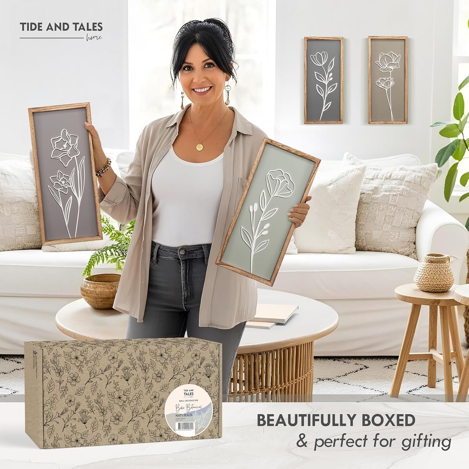 Communicates that the product comes beautifully boxed and is perfect for gifting occasions, making it an ideal present choice. Introduces the brand identity (Tide and Tales home) through a lifestyle…
